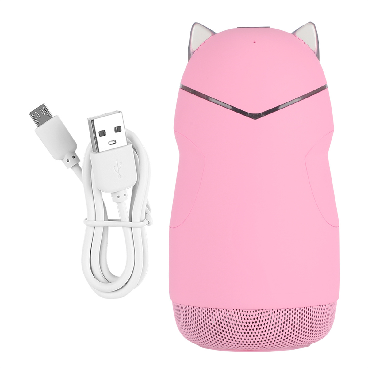 Rosa katzenförmiger Lautsprecher mit USB-Kabel.