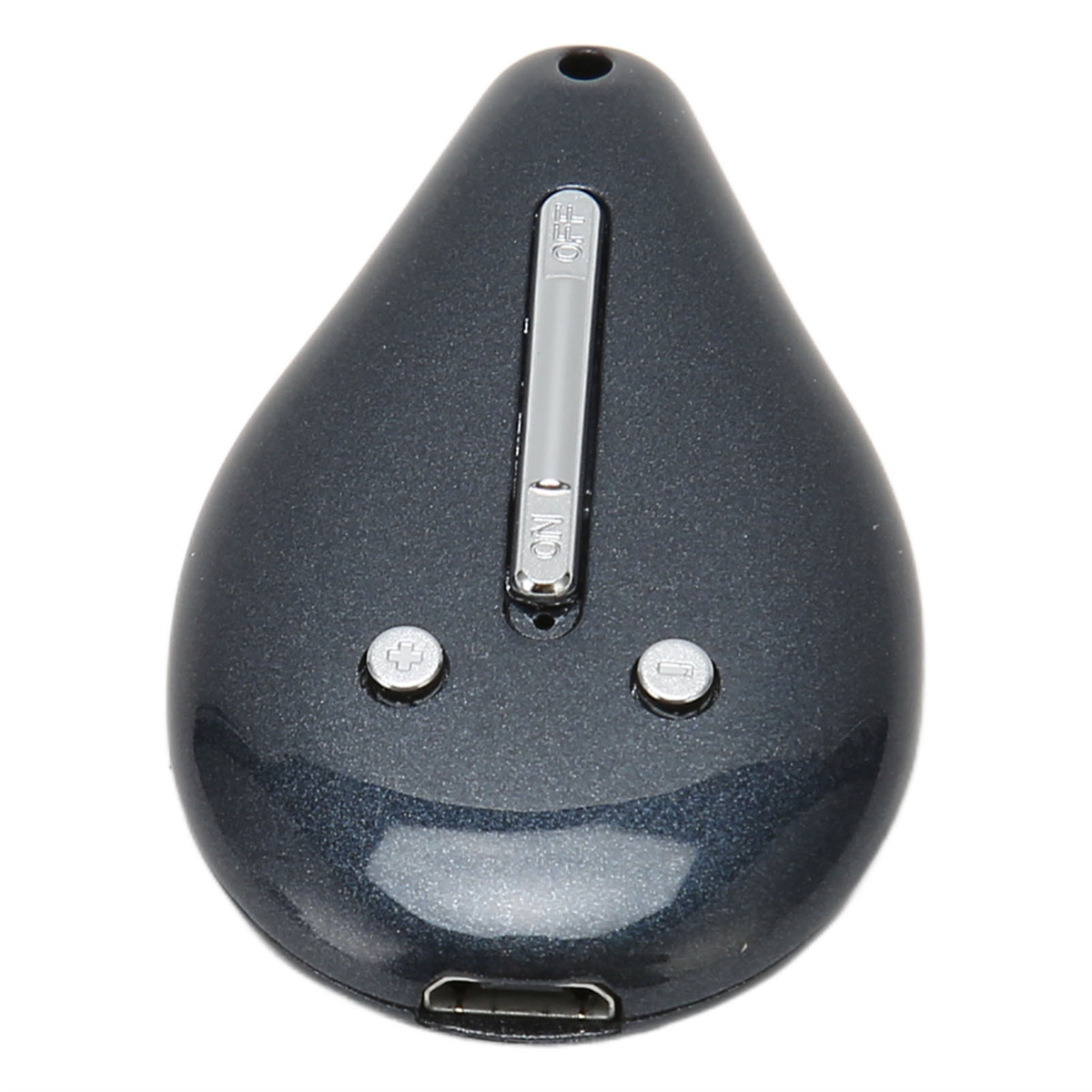 Schwarzes, tropfenförmiges, kleines elektronisches Gerät mit Knöpfen und USB-Anschluss.