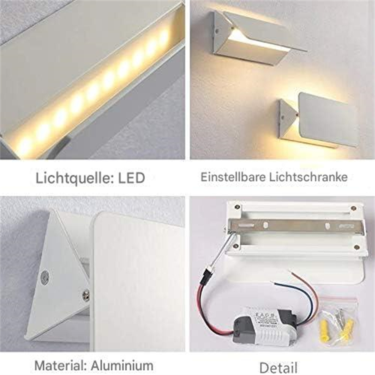 Wand-LED-Leuchten in verschiedenen Winkeln. Enthält Text auf Deutsch.