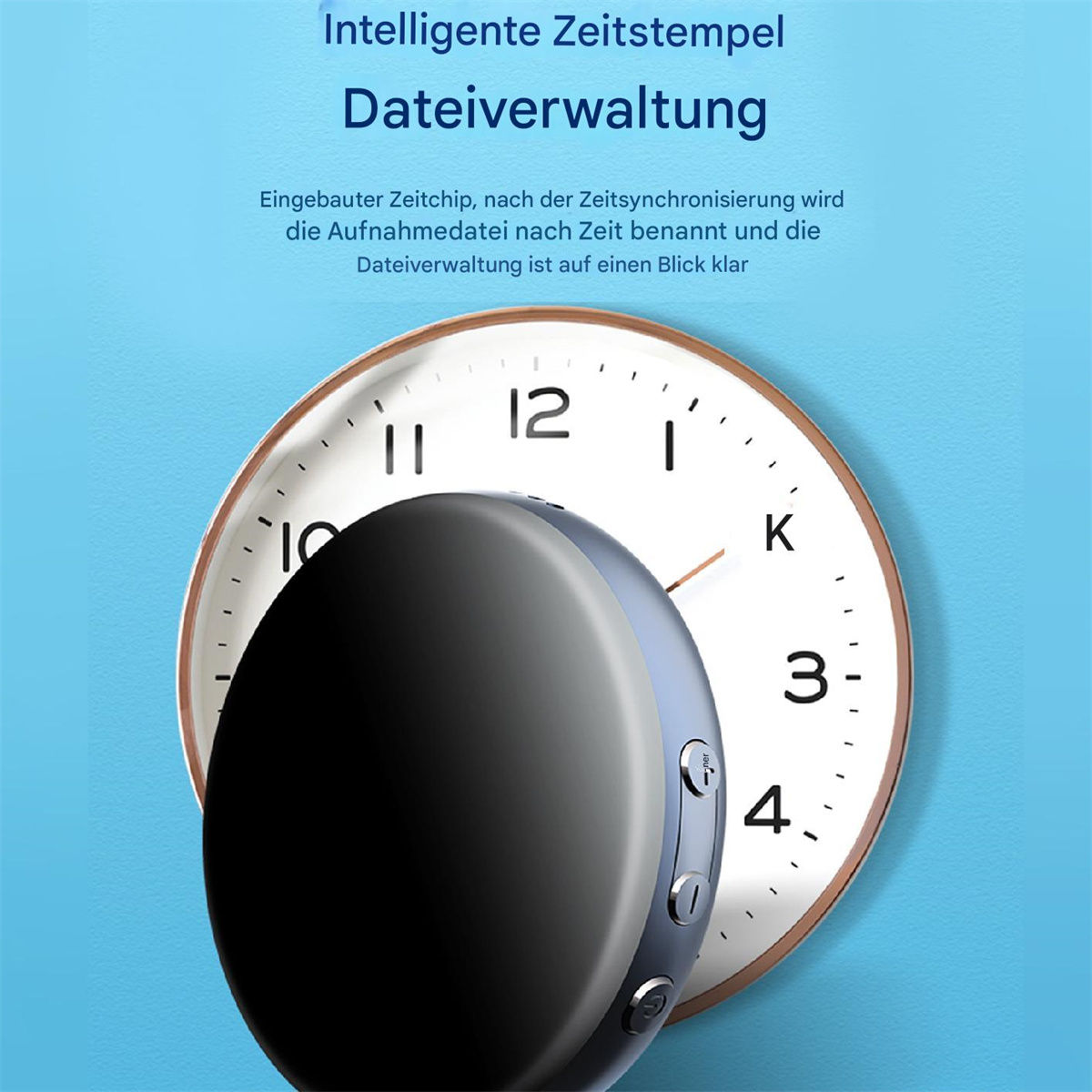 Uhr mit Gerät. Gerät hat einen Bildschirm, Knöpfe. Blauer Hintergrund.