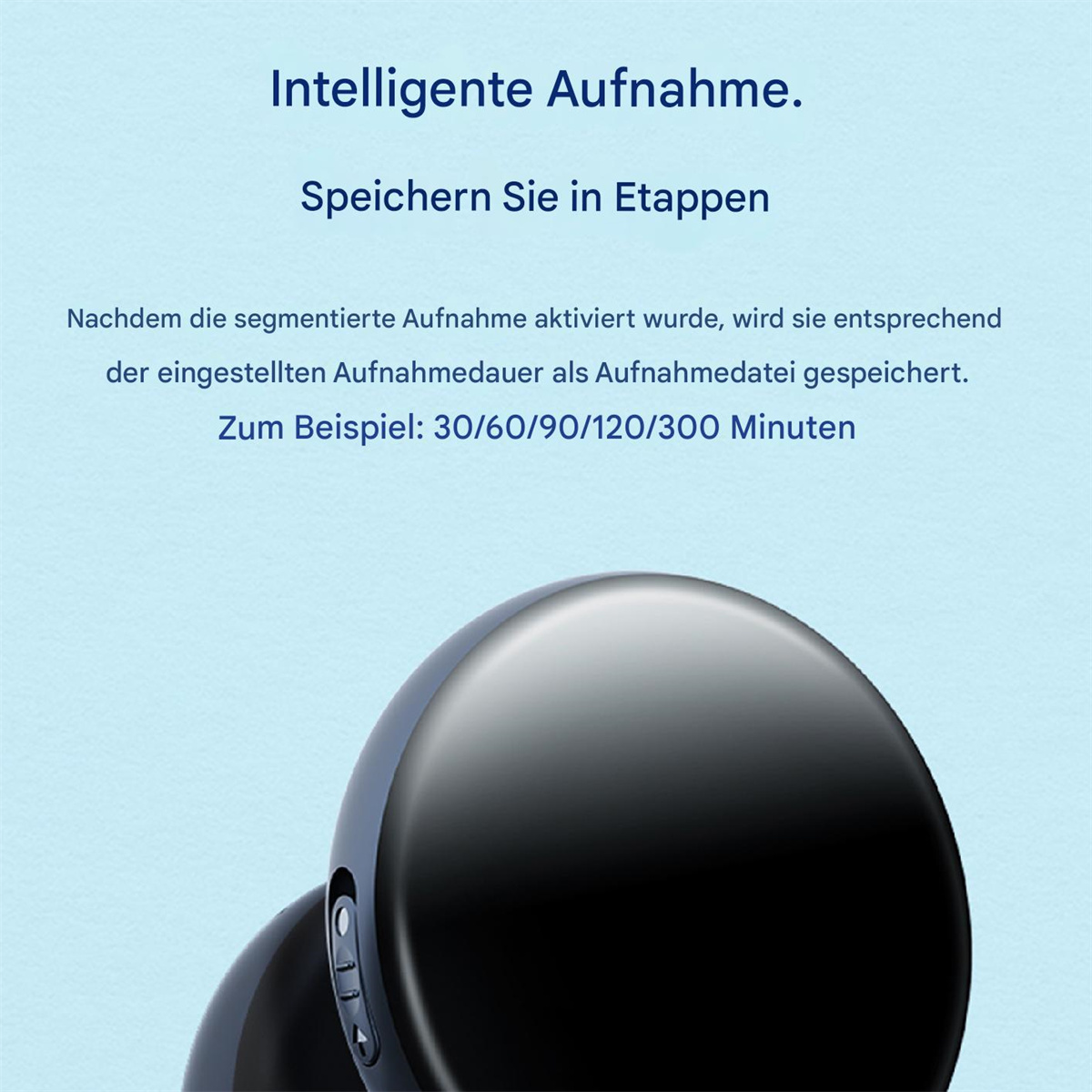 Schwarzer und grauer Ohrhörer, mit Text über Aufnahmeeigenschaften.