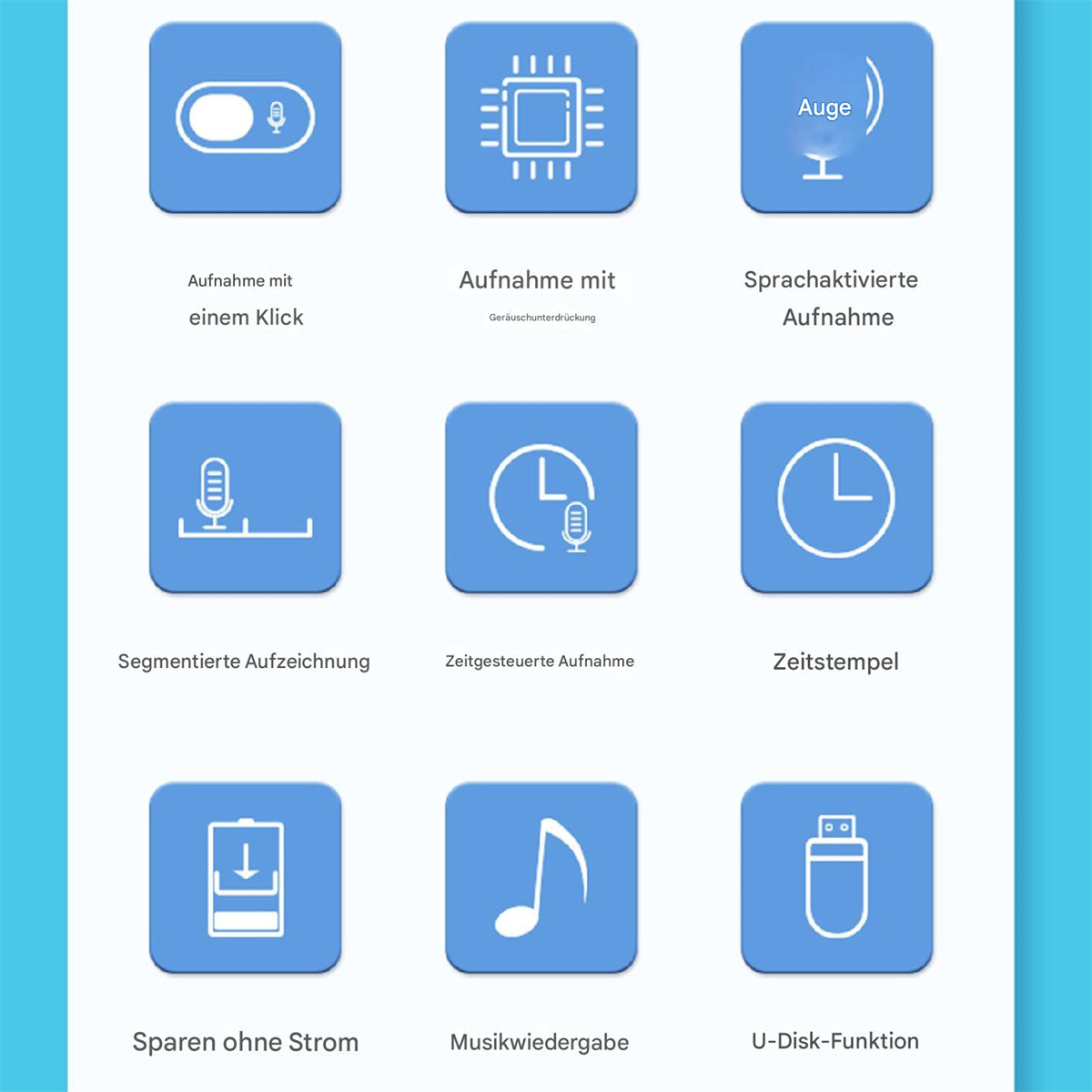 Symbole für Aufnahmefunktionen, darunter ein Mikrofon, ein Lautsprecher, eine Uhr und ein USB-Symbol.