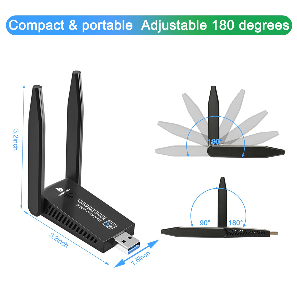 Schwarzer drahtloser USB-Adapter mit Antennen. Diagramme zeigen Winkeleinstellungen. Weißer Hintergrund.