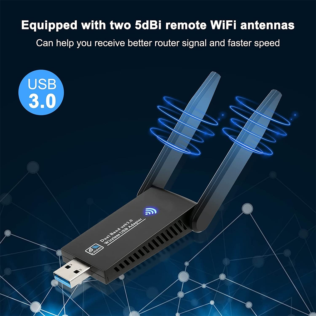 Ein schwarzer USB-WLAN-Adapter mit zwei Antennen vor dunklem blauem Hintergrund.