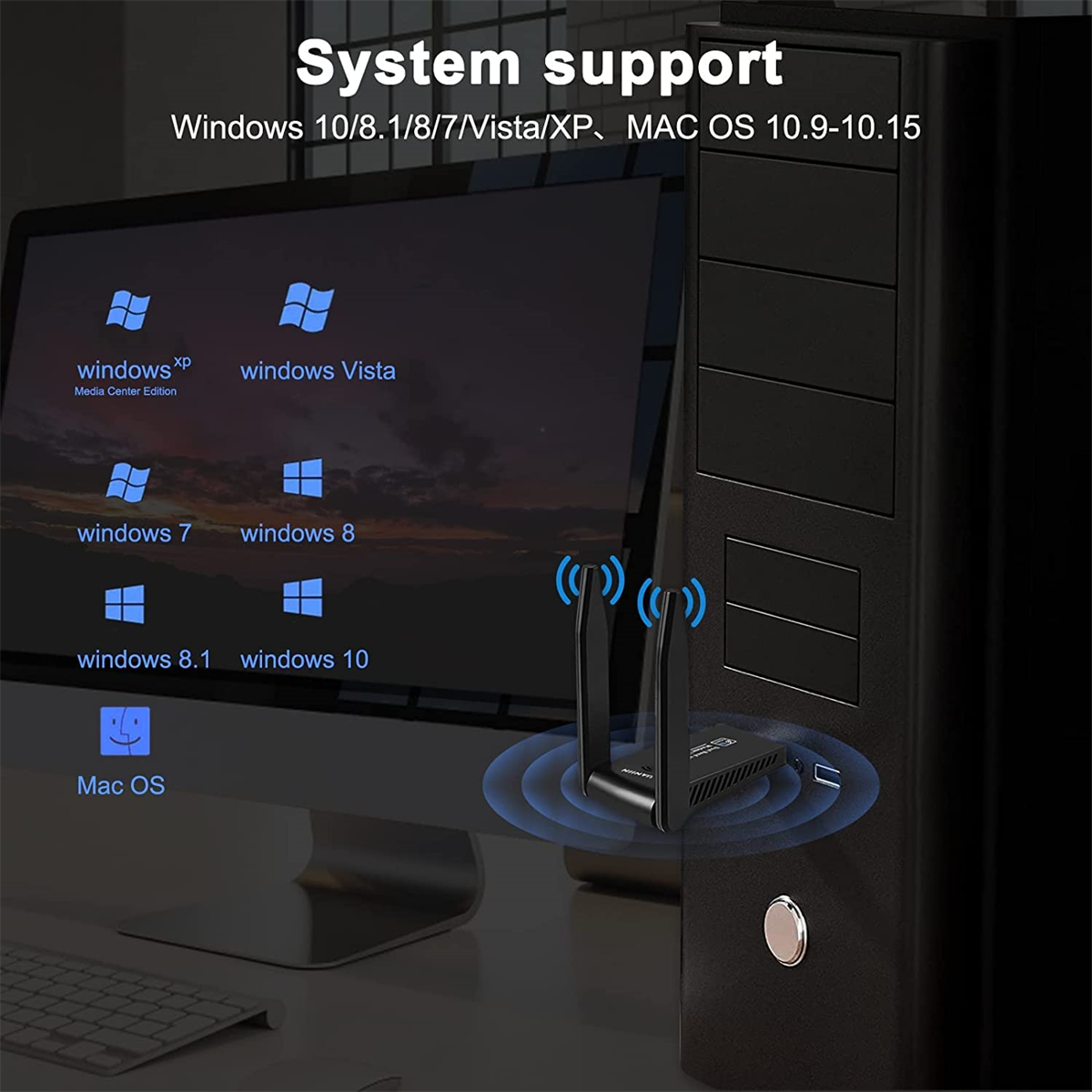 Ein Computer-Setup mit einem schwarzen Tower, Monitor und einem drahtlosen Adapter.