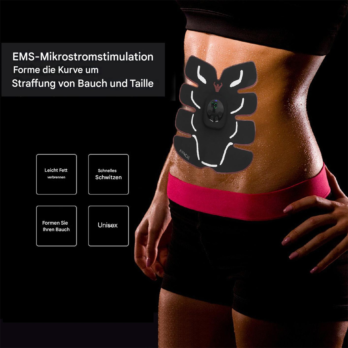 Der Bauch einer Person mit einem EMS-Gerät. Text beschreibt die Funktionen des Geräts.