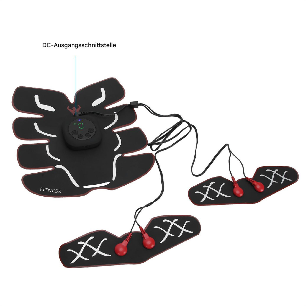 Schwarzes Fitnessgerät mit Pads, Controller und roten Anschlüssen; weißer Hintergrund.