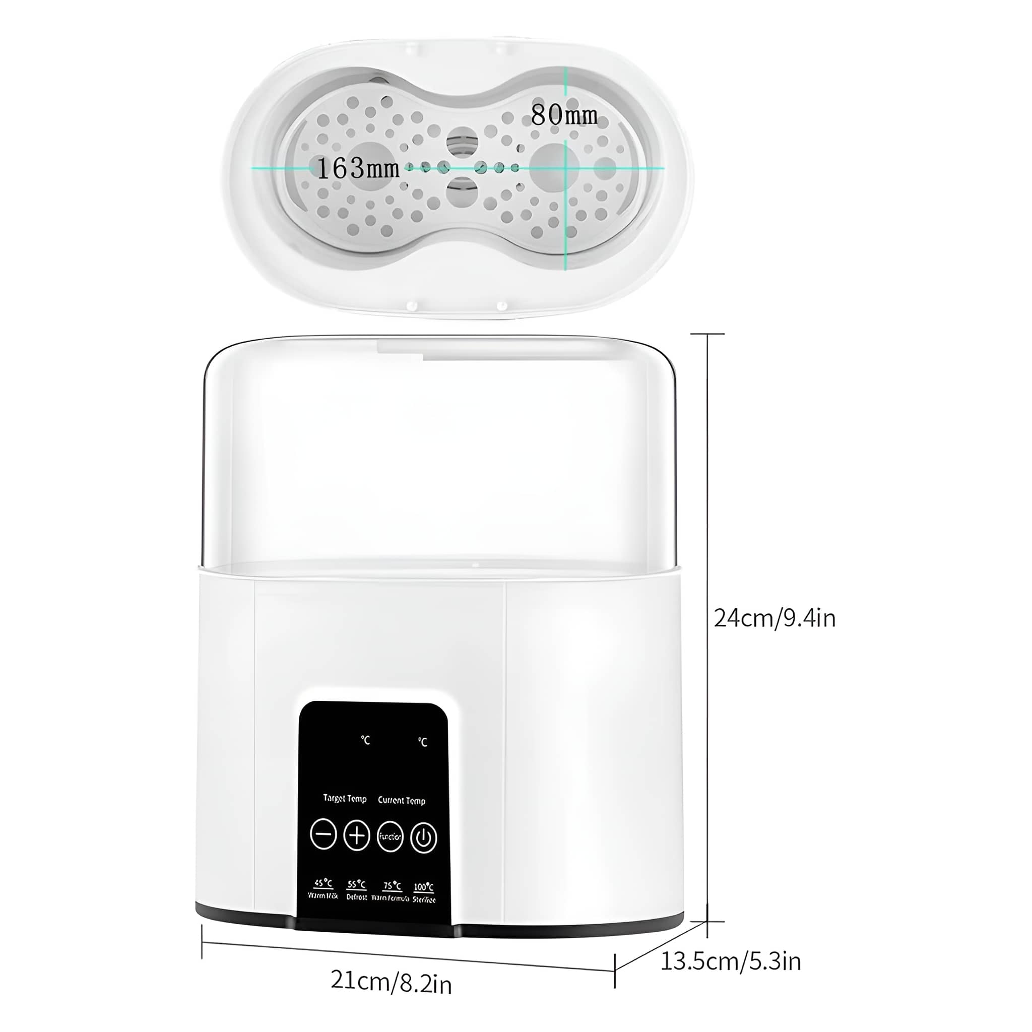 Ein weißer Babyflaschensterilisator mit markierten Abmessungen, vor weißem Hintergrund.