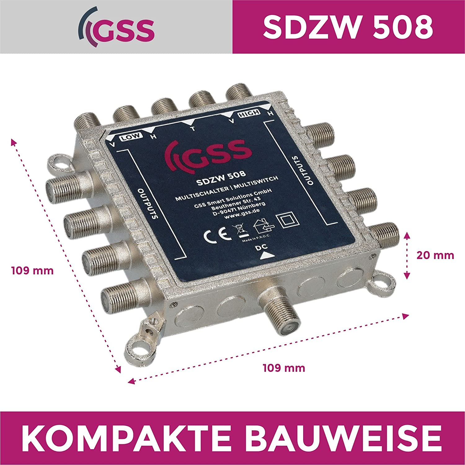Ein Multiswitch-Gerät mit Abmessungen und Text wird auf einer Oberfläche angezeigt.