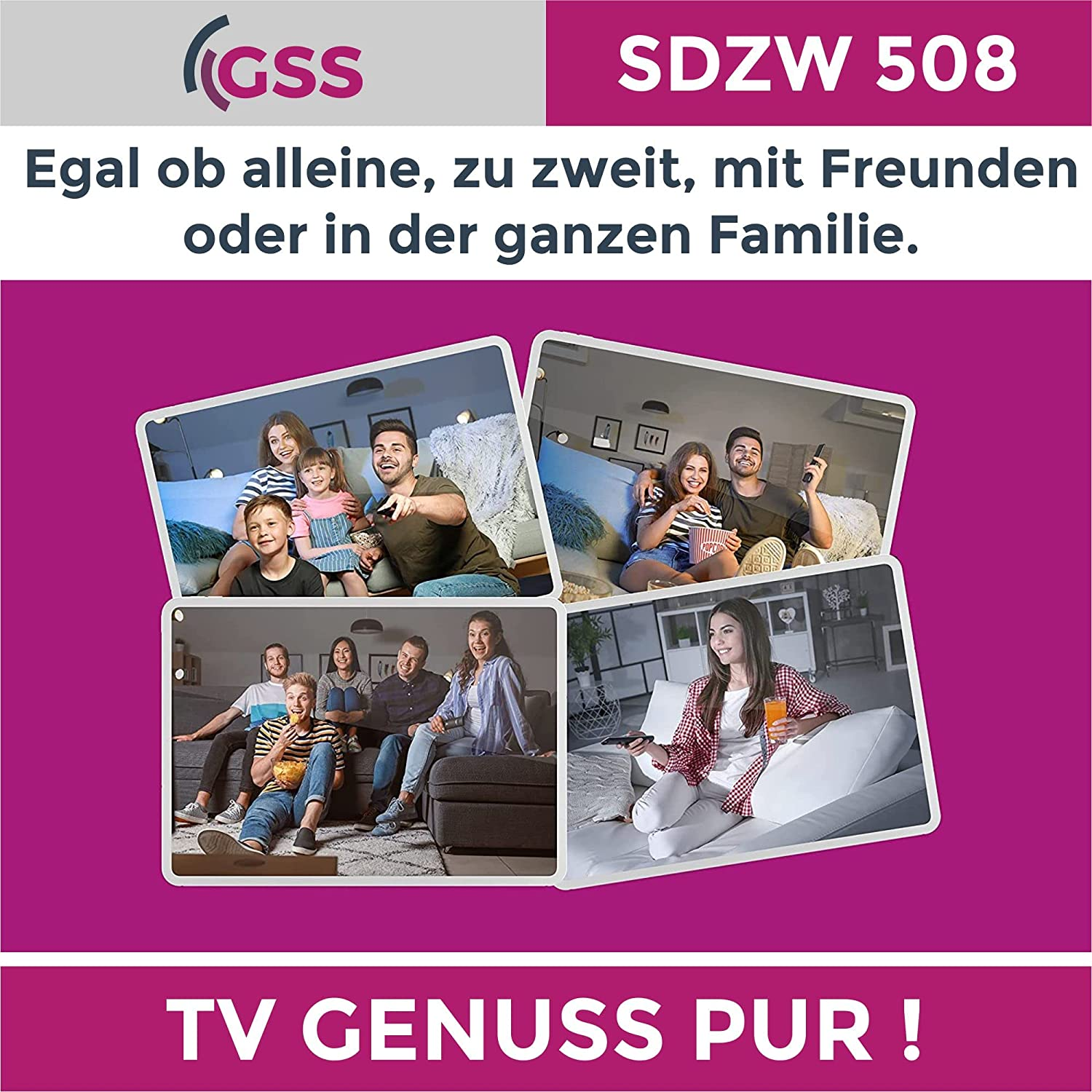 Bild mit verschiedenen Fotos von Menschen, die fernsehen, zur Förderung der Unterhaltung zu Hause mit magenta Hintergrund.