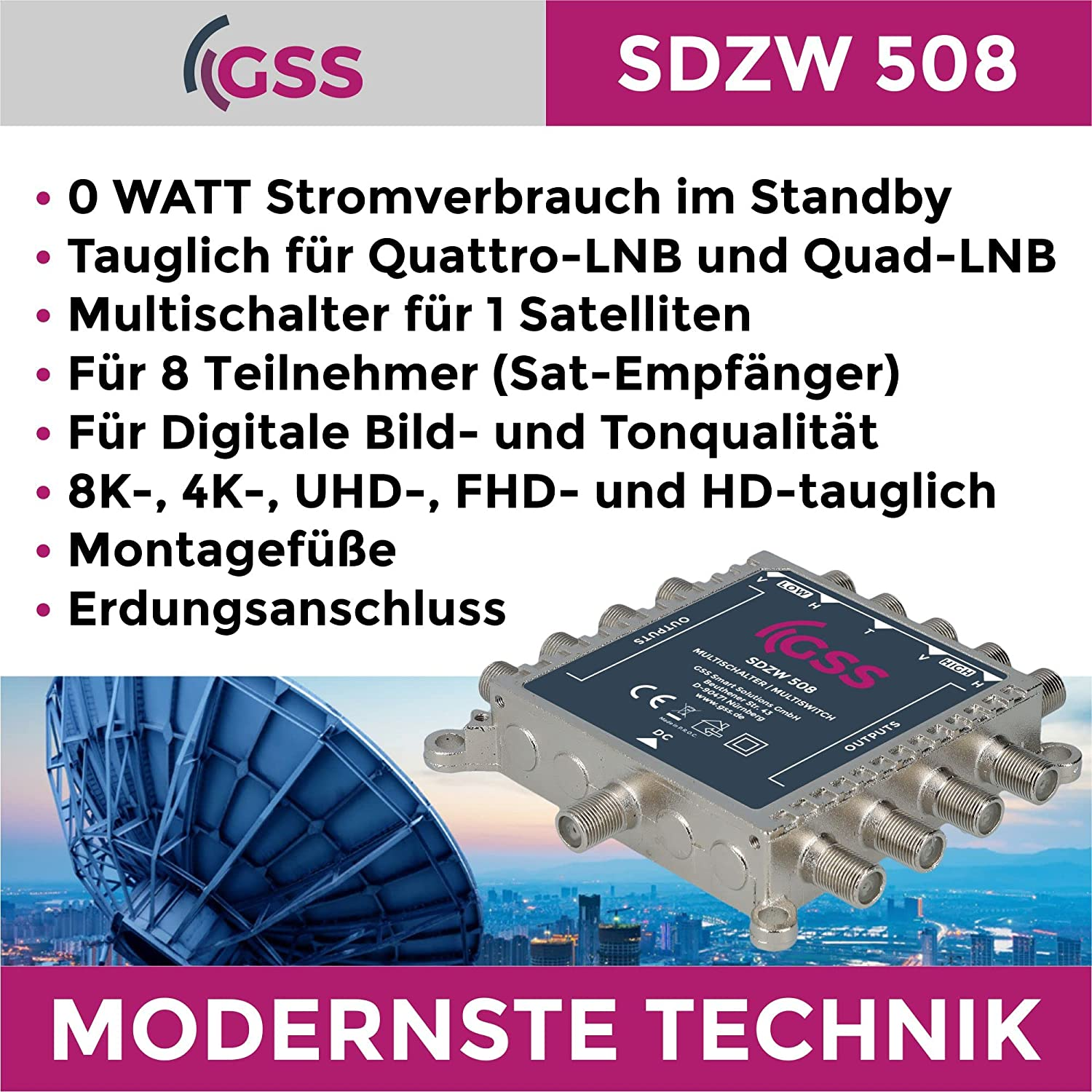 Elektronisches Gerät mit mehreren Eingängen und Text auf Deutsch. Weißer Hintergrund.