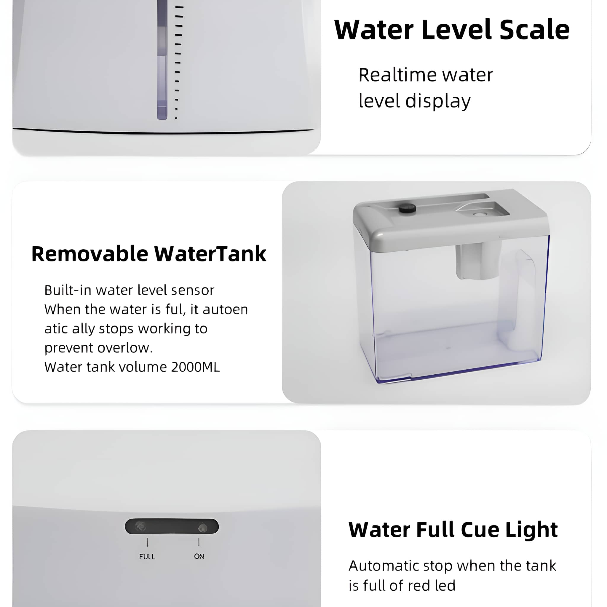 Das Bild zeigt Details eines Wasserspenders. Es zeigt den Wasserstand, den abnehmbaren Tank und ein Wasser-Voll-Signal.