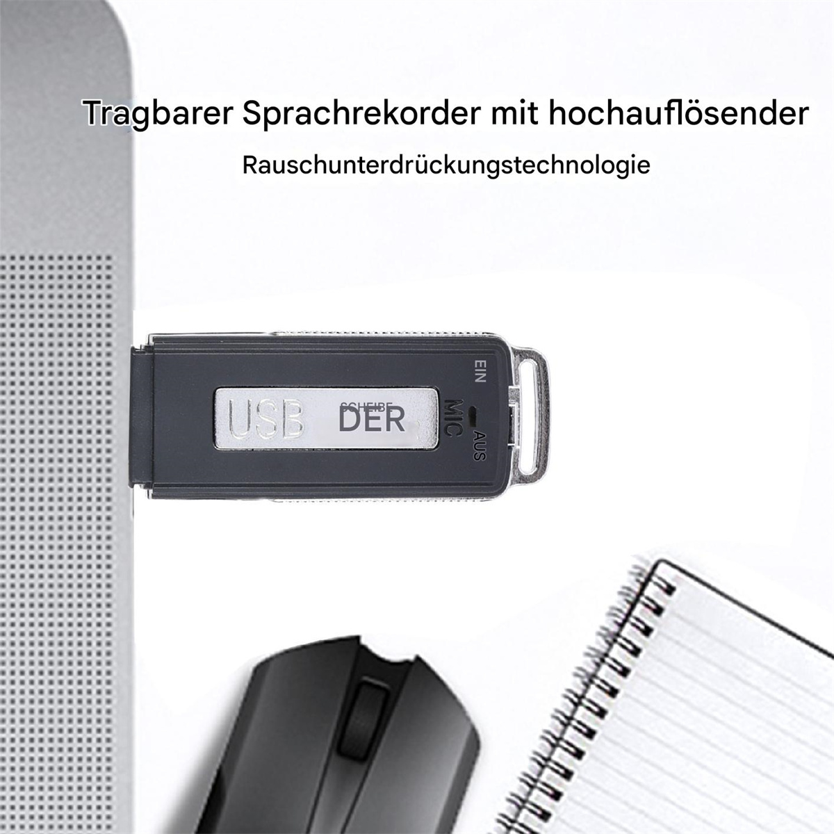 Schwarzer USB-Recorder, verbunden mit einem Laptop, mit Maus und Notizblock.
