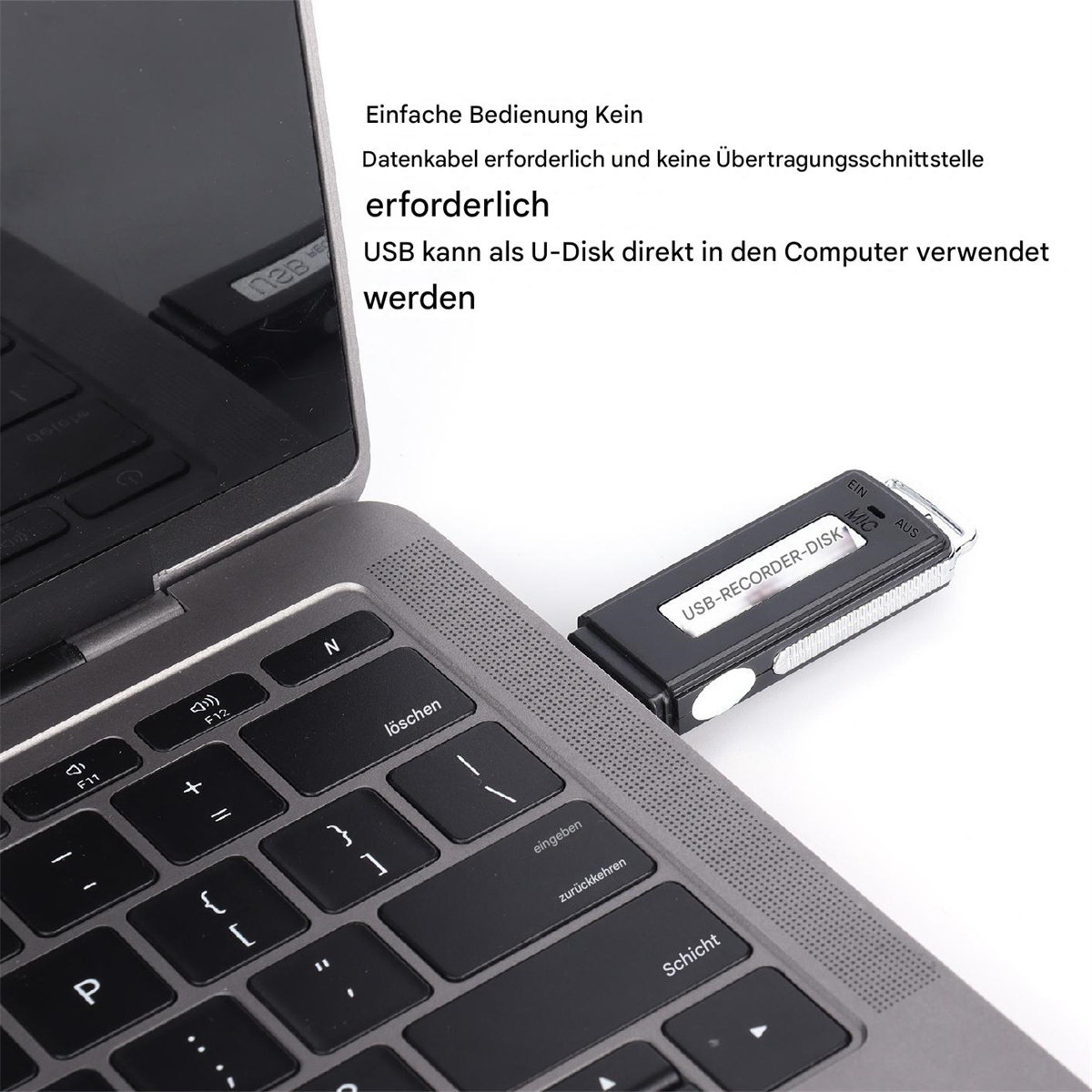 Ein Laptop mit eingestecktem USB-Laufwerk. Der Text auf Deutsch besagt, dass USB direkt verwendet werden kann.