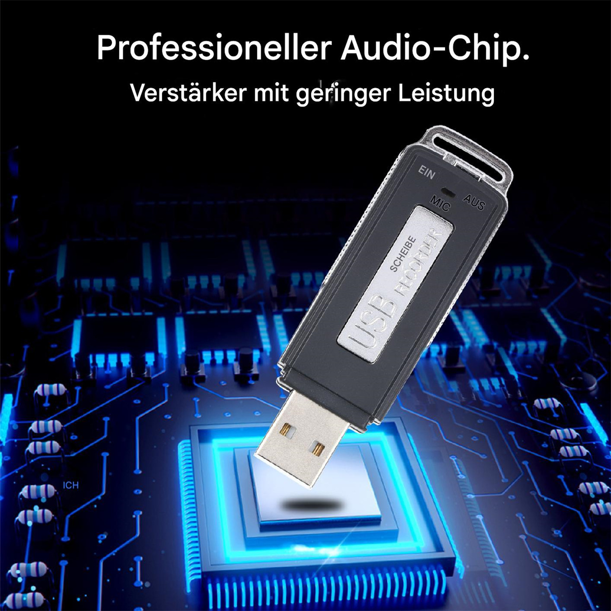 Ein schwarzer USB-Stick mit Metallschild auf digitalem Schaltkreis-Hintergrund. Der Text lautet 'Professioneller Audio-Chip'.