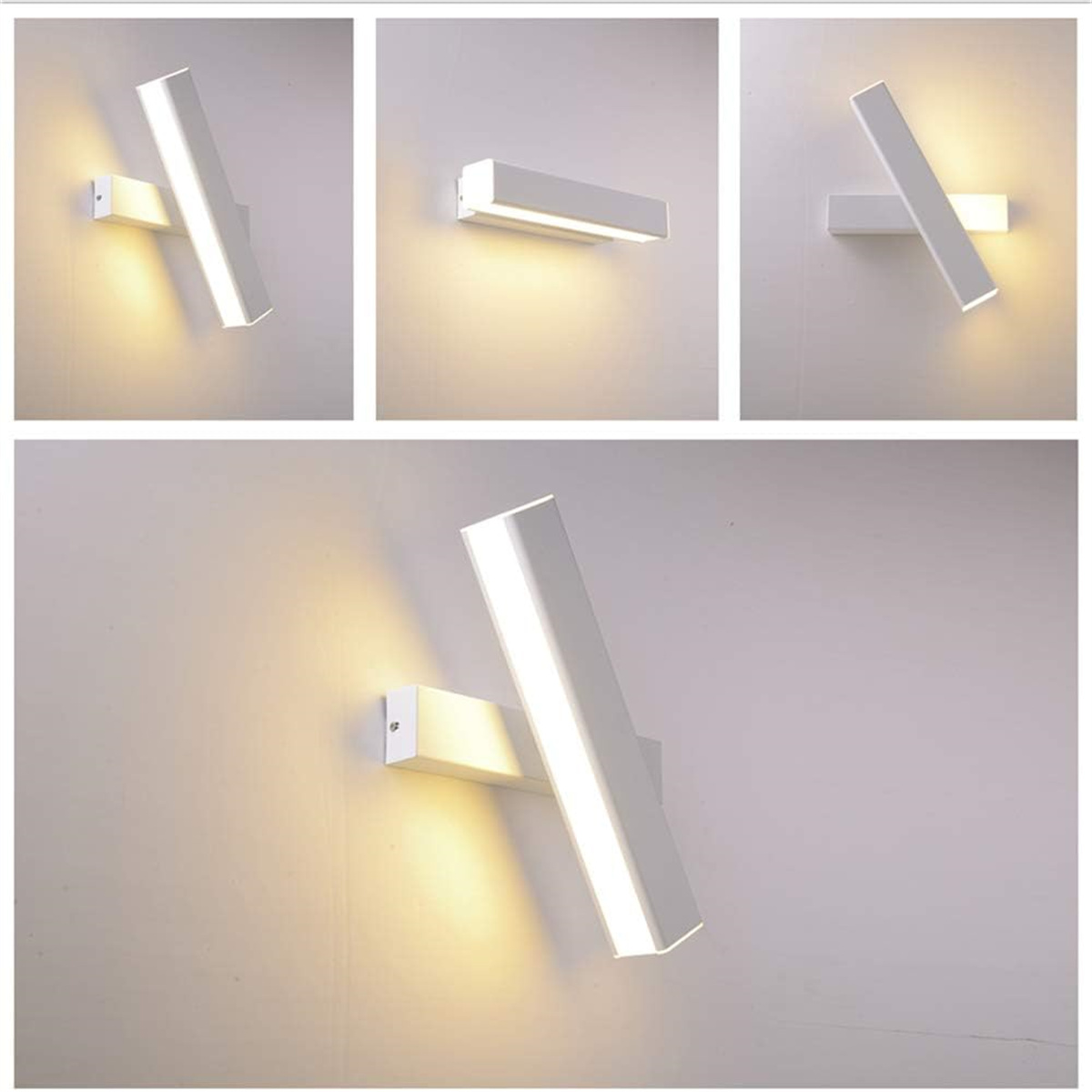 Weiße, an der Wand montierte LED-Leuchten in verschiedenen Positionen, beleuchtet.