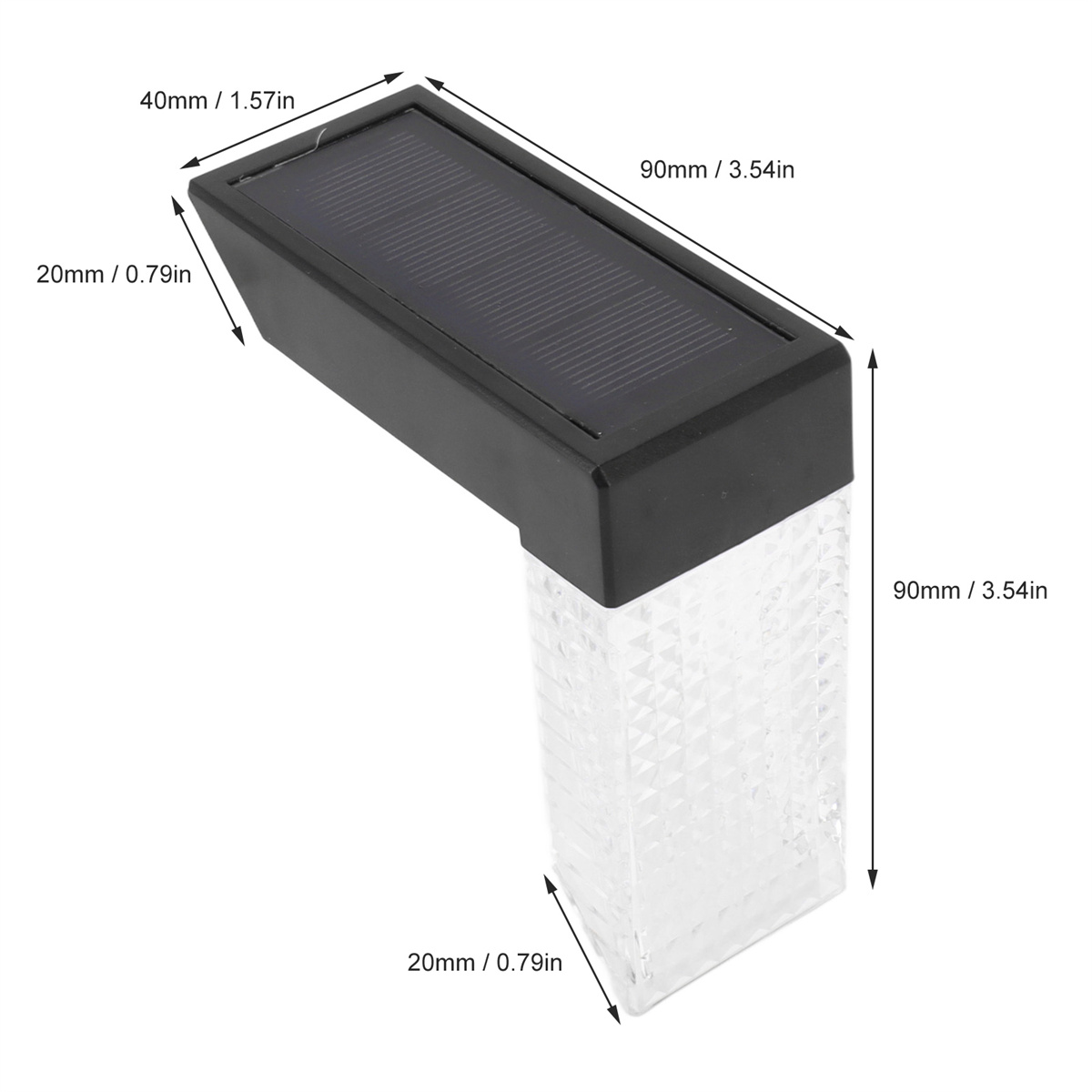 Eine solarbetriebene, schwarz-transparente Leuchte mit Abmessungen und Maßen in Millimetern.