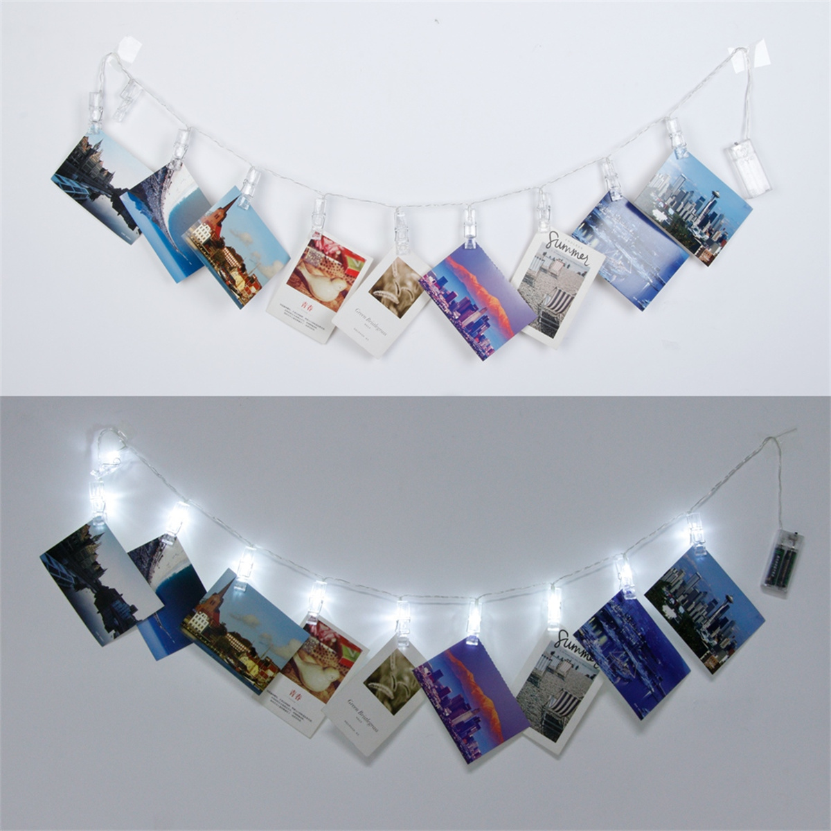 Lichterkette mit Fotos befestigt. Das obere Bild zeigt die Lichter an, das untere sie aus.