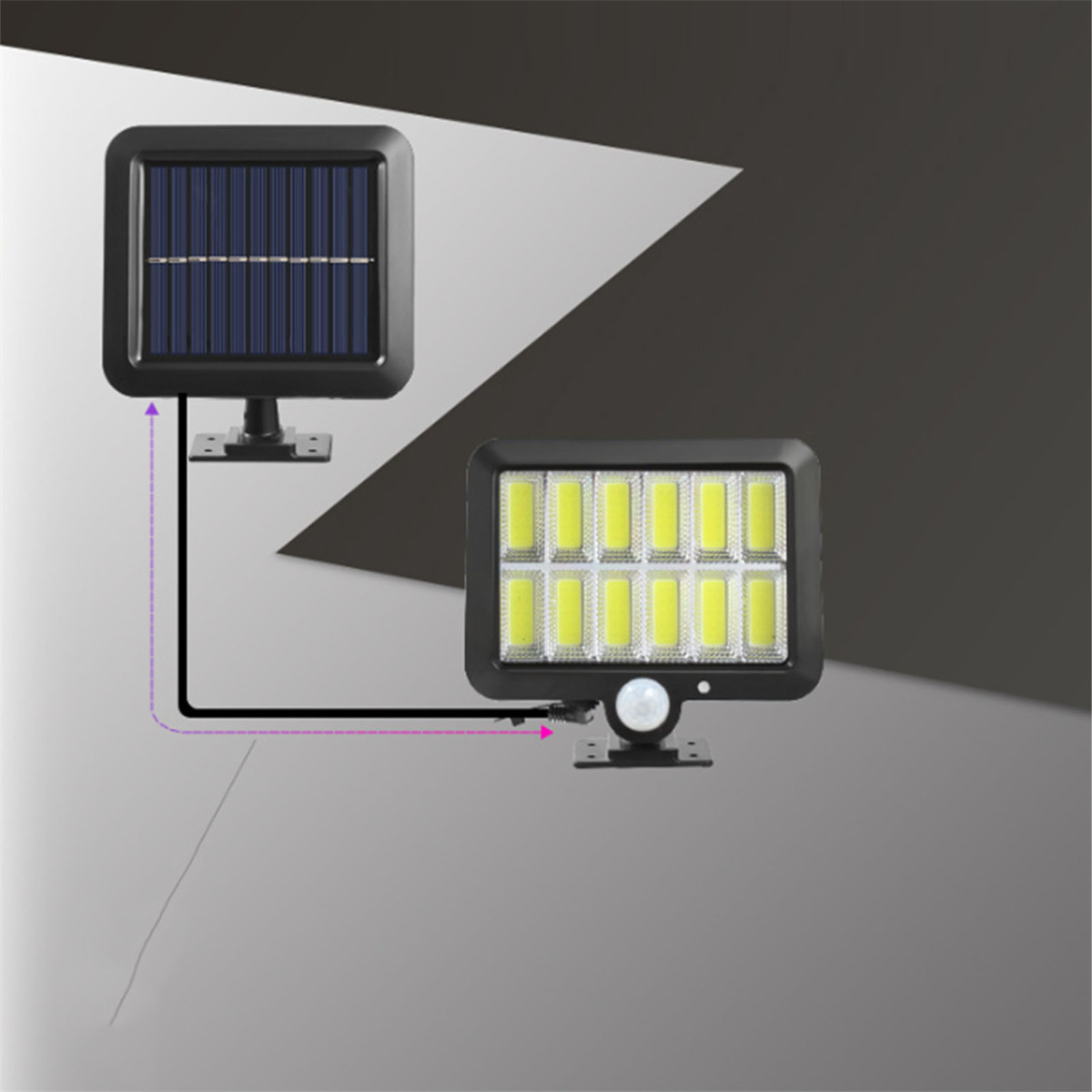 Solarpanel und solarbetriebene Leuchte, durch eine Linie verbunden. Leuchte hat COB-LEDs.