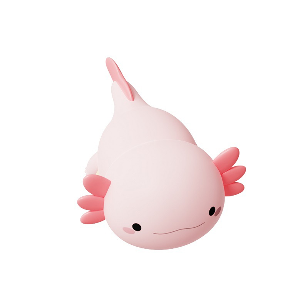 Ein rosa Axolotl-Cartoon-Charakter mit rosa Kiemen und einem lächelnden Gesicht.