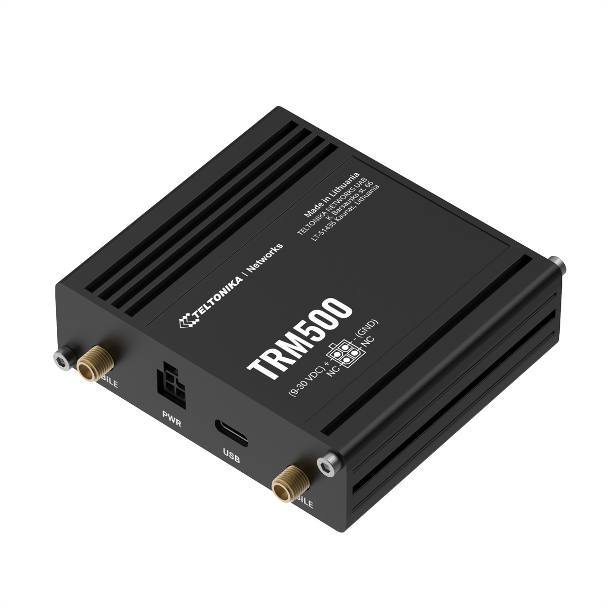 Zwarte TRM500-router met antennepoorten, een USB-poort en een stroomingang. Logo's en tekst.