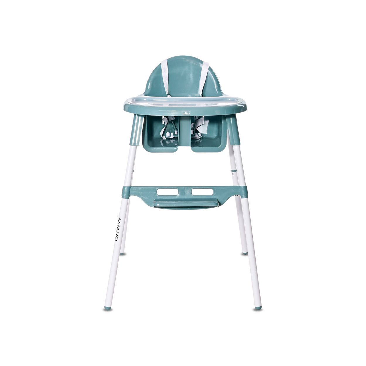 Blau-weißer Babyhochstuhl auf weißem Hintergrund.