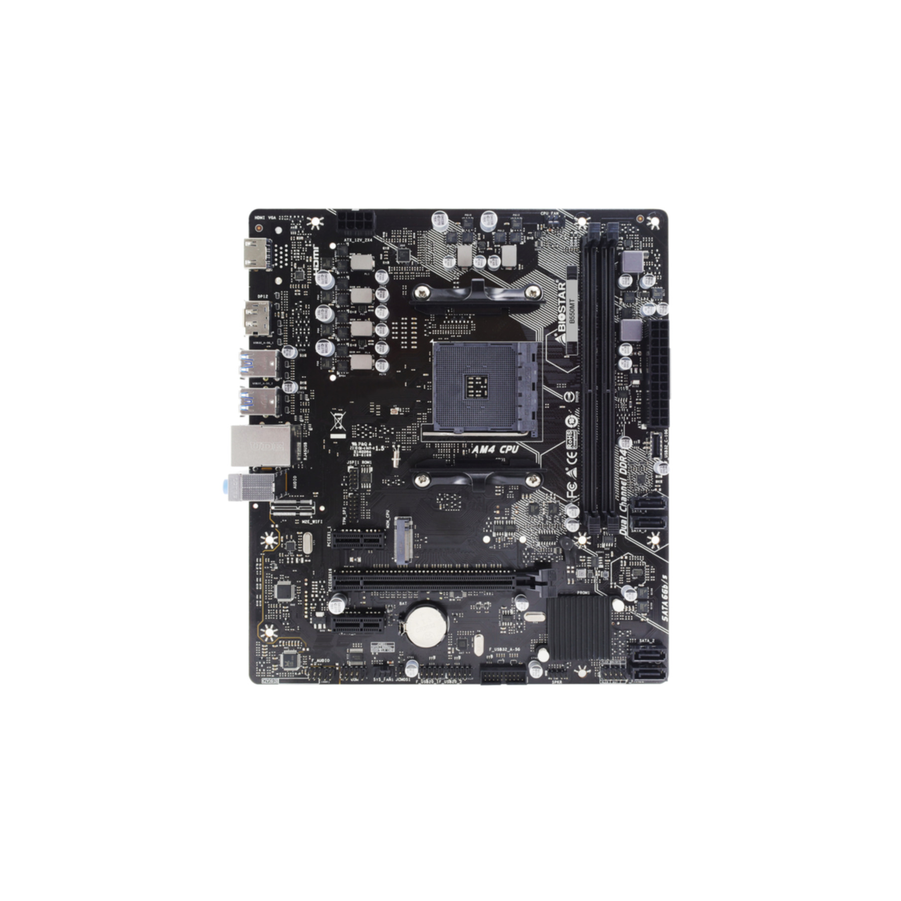 Scheda madre del computer, colore nero. Componenti visibili. Sfondo bianco.