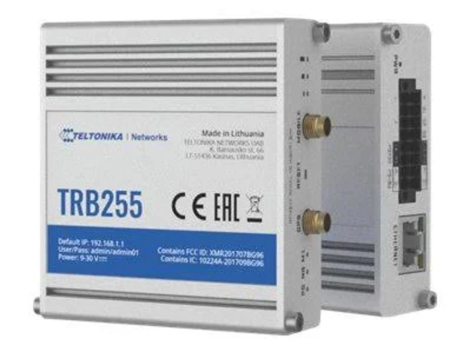 Ein silbernfarbener Industrierouter mit der Bezeichnung TRB255, mit Anschlüssen und anderen Beschriftungen auf der Seite.