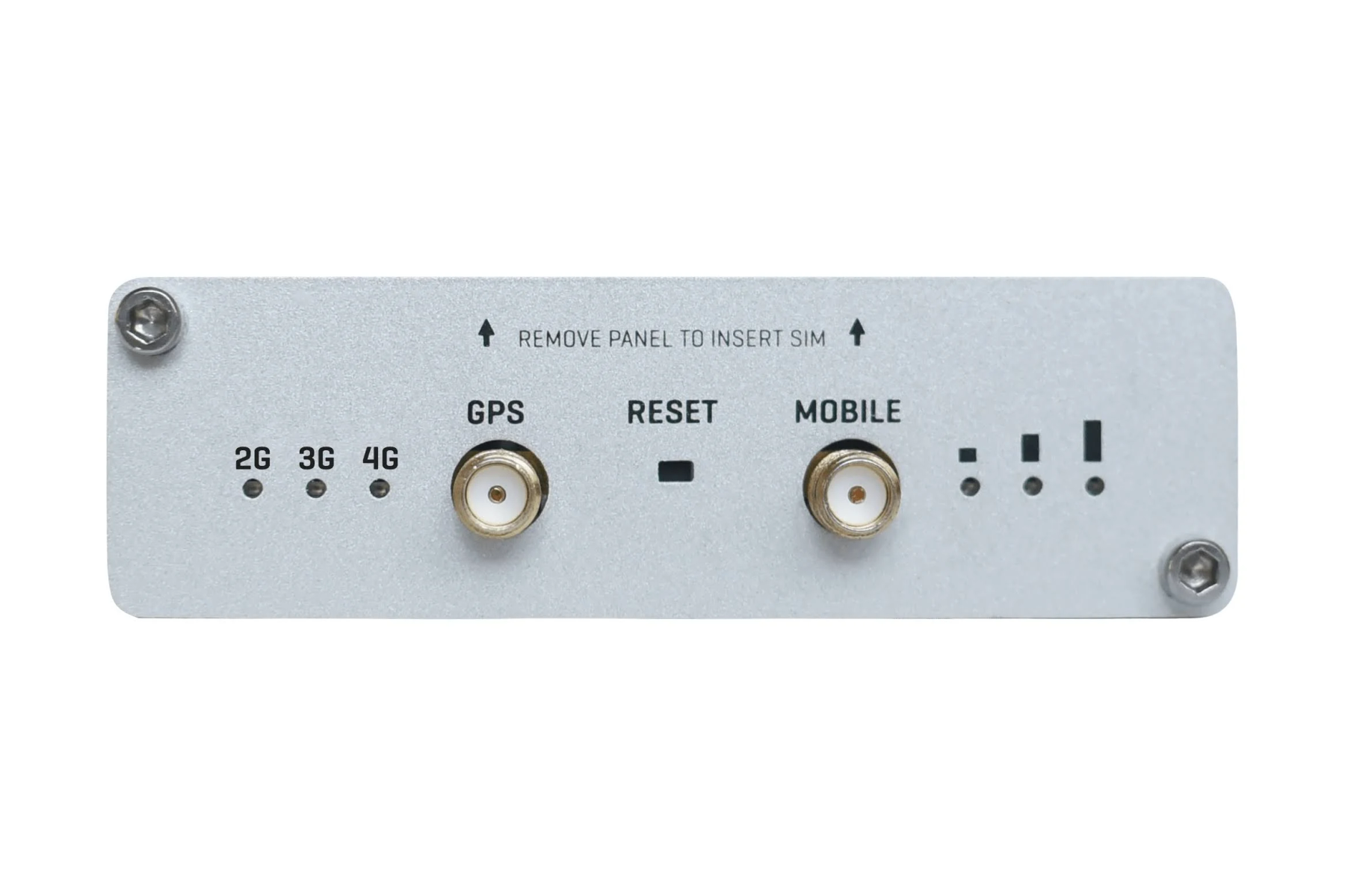 Silbernes elektronisches Gerät mit verschiedenen Anschlüssen, beschriftet mit Text: 2G, 3G, 4G, GPS, RESET, MOBILE.