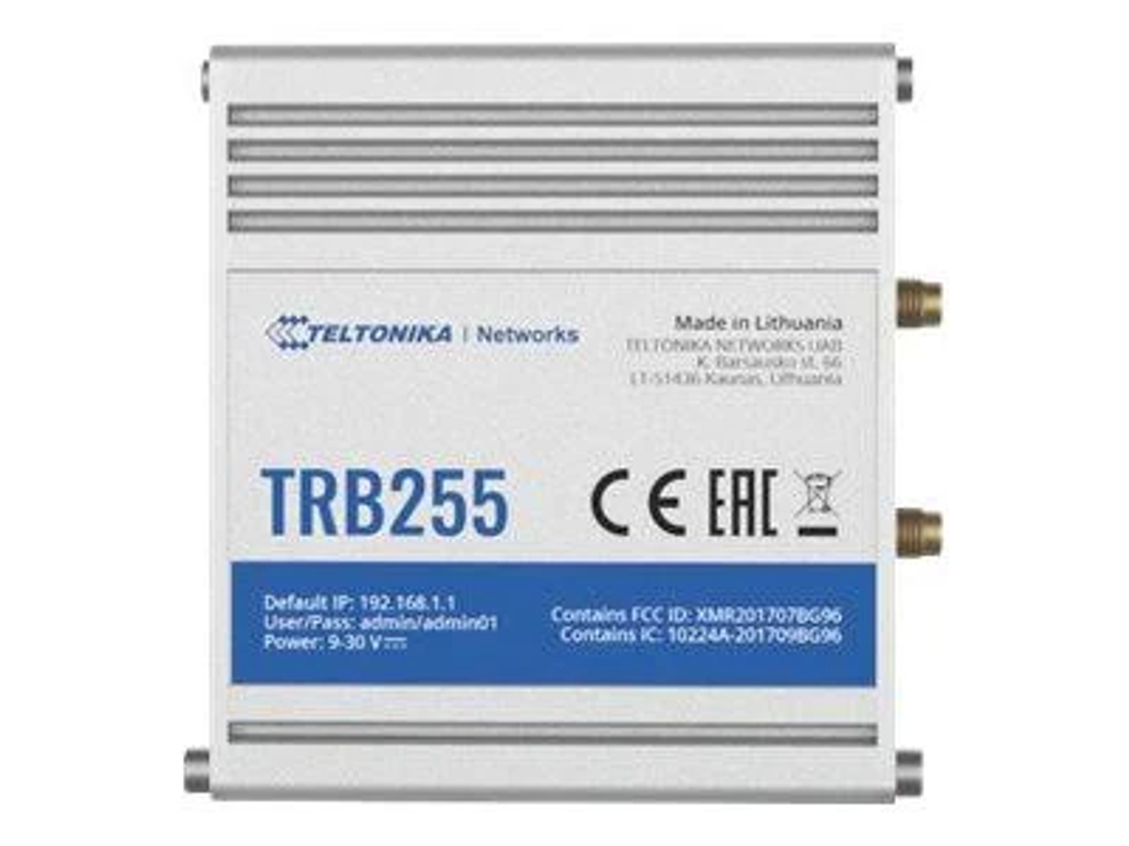 Silbernes TRB255-Gerät mit Etikett von Teltonika Networks. Texte umfassen: TRB255, CE EAC und mehr.
