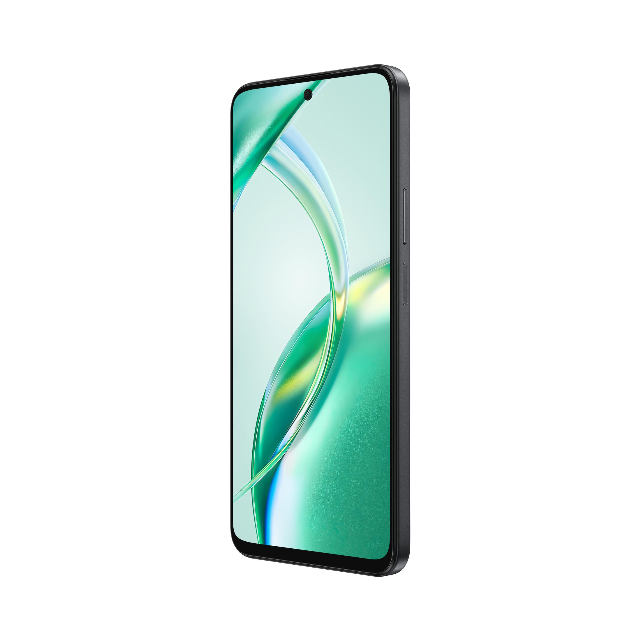 Uno smartphone nero con schermo, angolato su sfondo bianco.