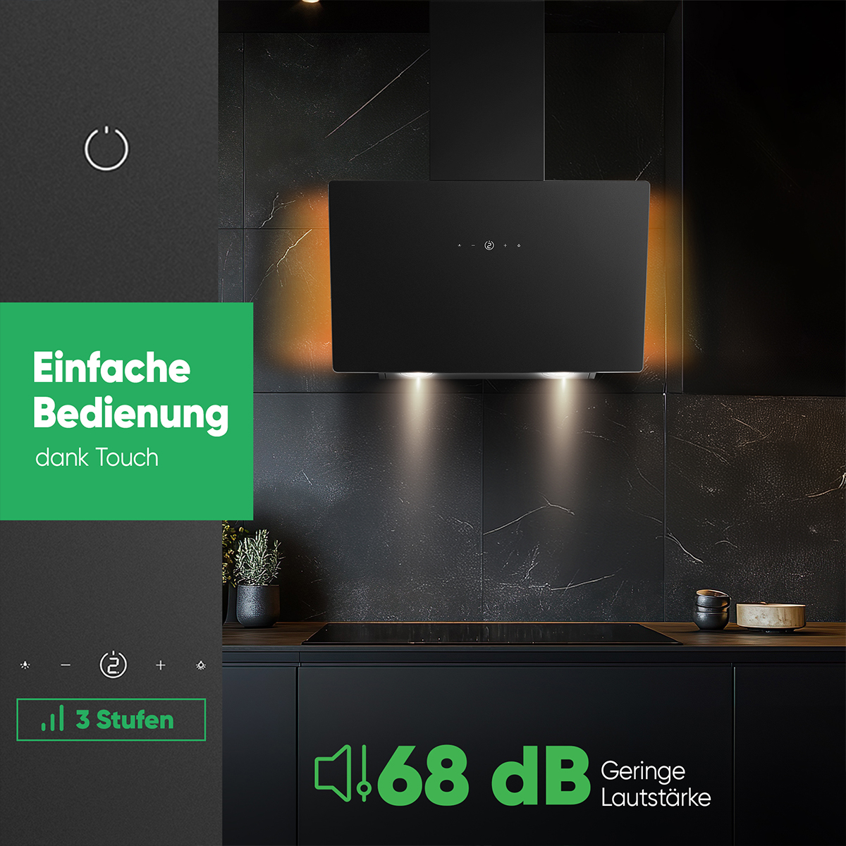 Cappa da cucina nera su un muro nero. La cappa ha le luci accese. Il testo verde dice 68 dB.