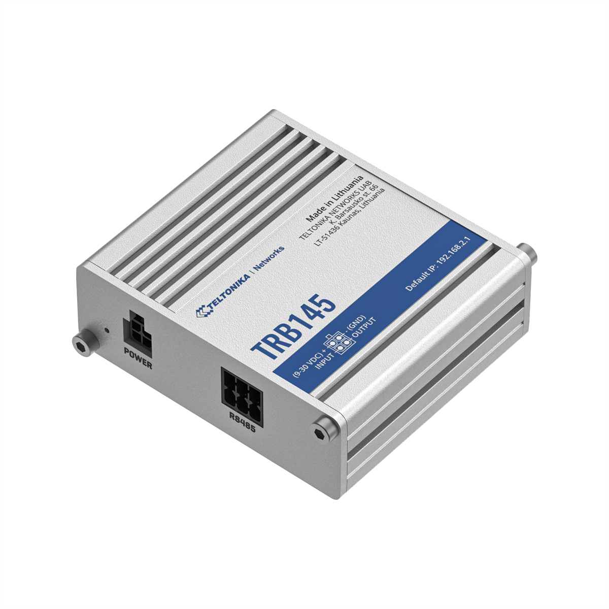 Een zilveren industriële router met poorten en labels, gemaakt in Litouwen.