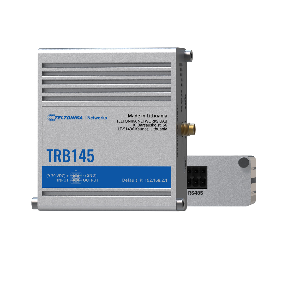 Een zilveren en grijze TRB145-router met poorten. Het is gemaakt in Litouwen.