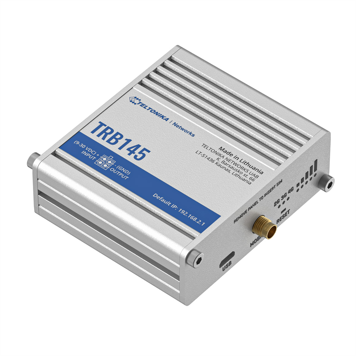 Een zilveren elektronisch apparaat met de tekst TRB145 en andere technische details.
