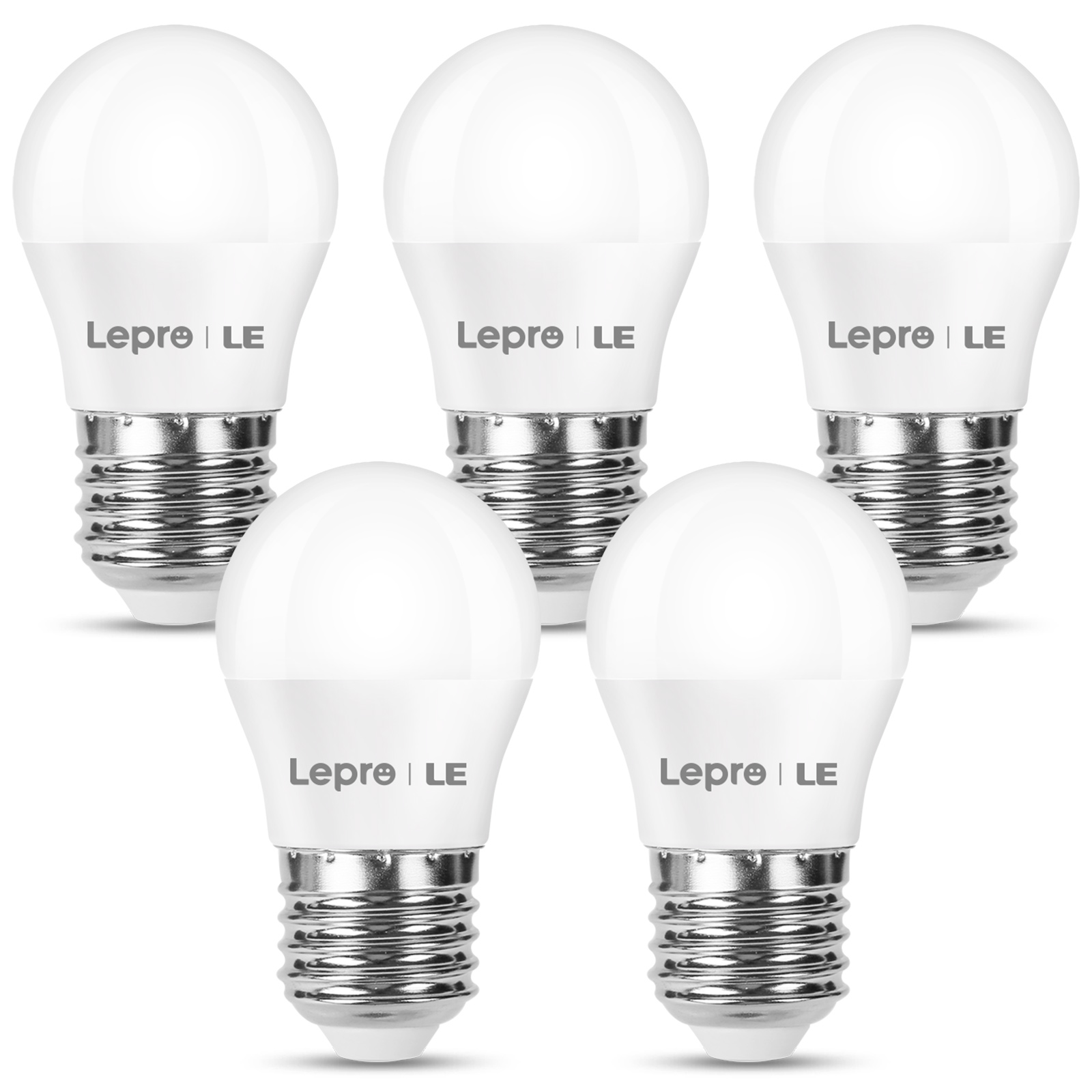 Fünf weiße LED-Glühbirnen mit dem Markennamen 'Lepro | LE' auf jeder.