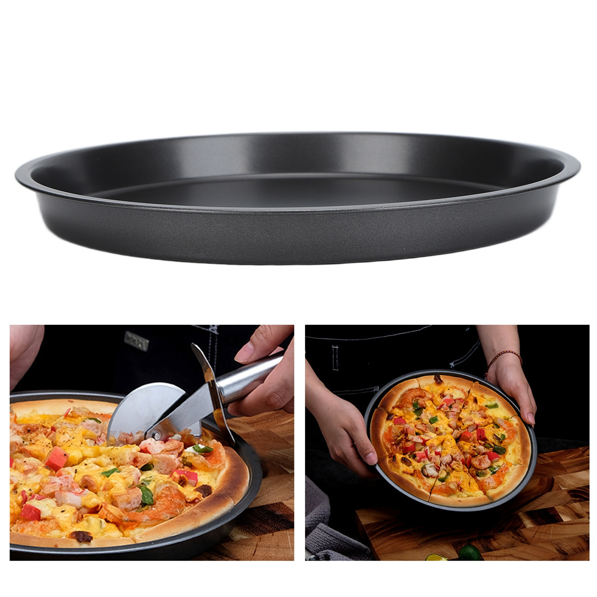 Eine schwarze Pizzapfanne mit Pizza. Ein Pizzaschneider schneidet Pizza in einem Bild. Pizza wird serviert.