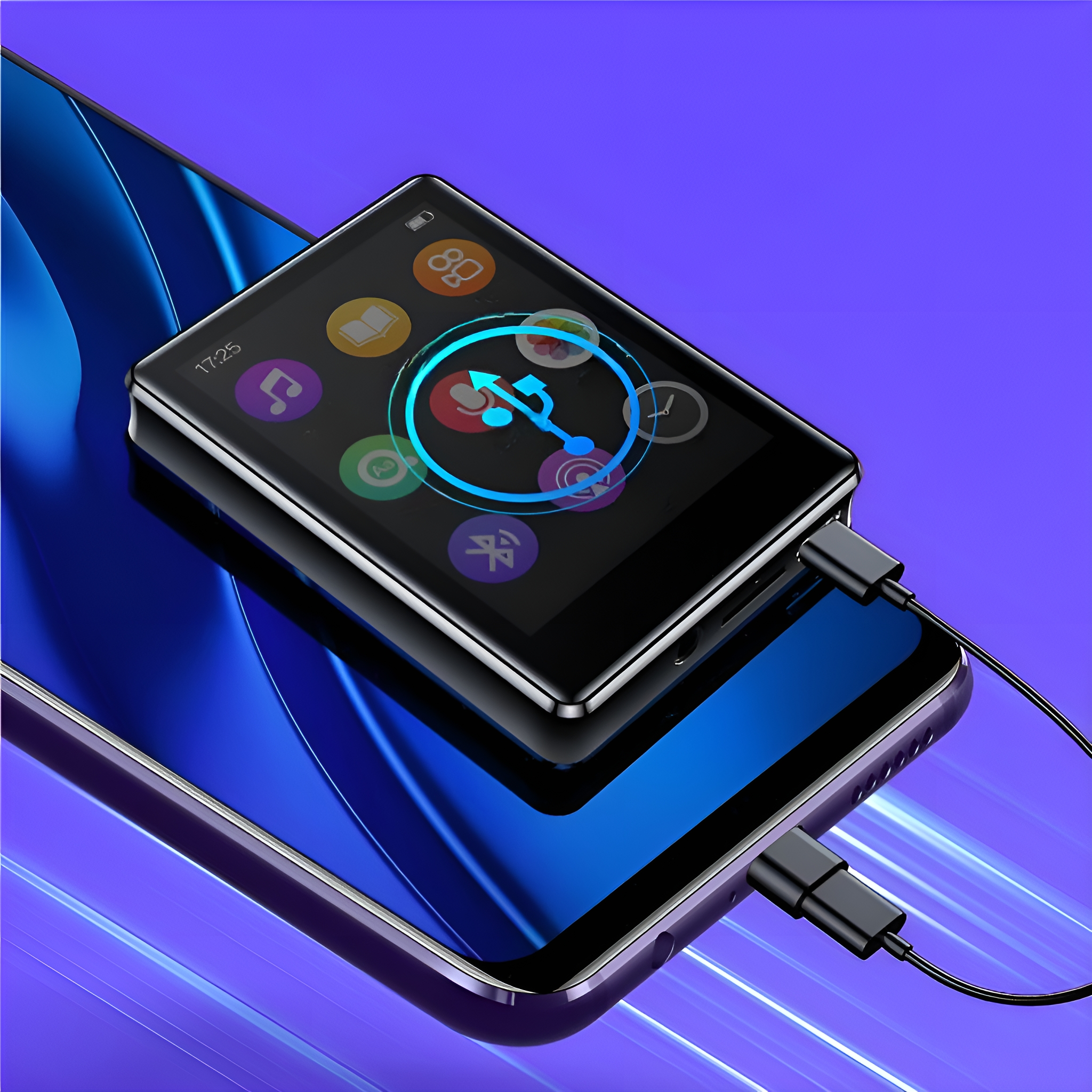 Ein schwarzer digitaler Musikplayer mit angeschlossenem Ladekabel.