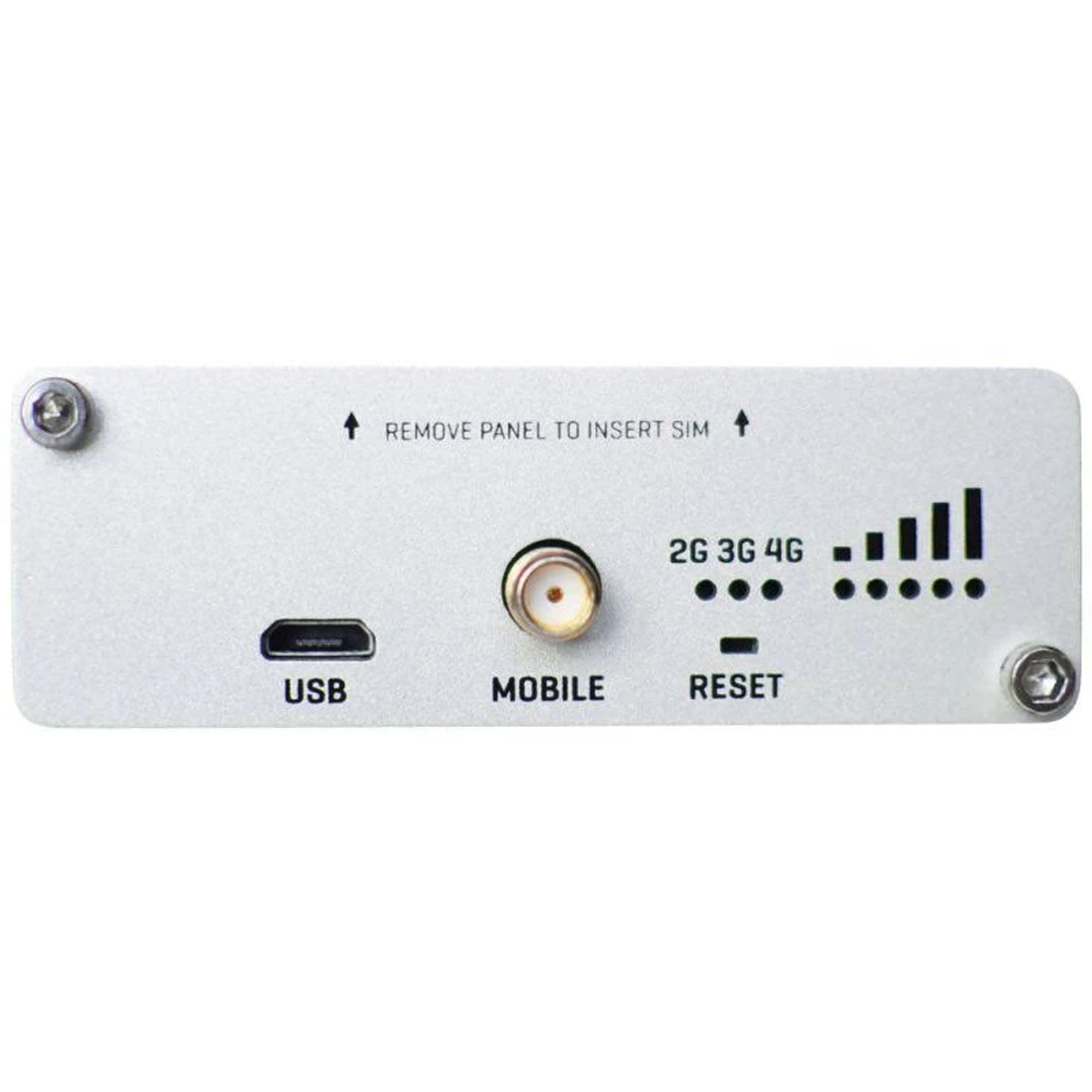 Zilveren apparaat met USB-poort, antenne-aansluiting en signaalindicator. Tekst: 'VERWIJDER PANEEL OM SIM TE PLAATSEN'.