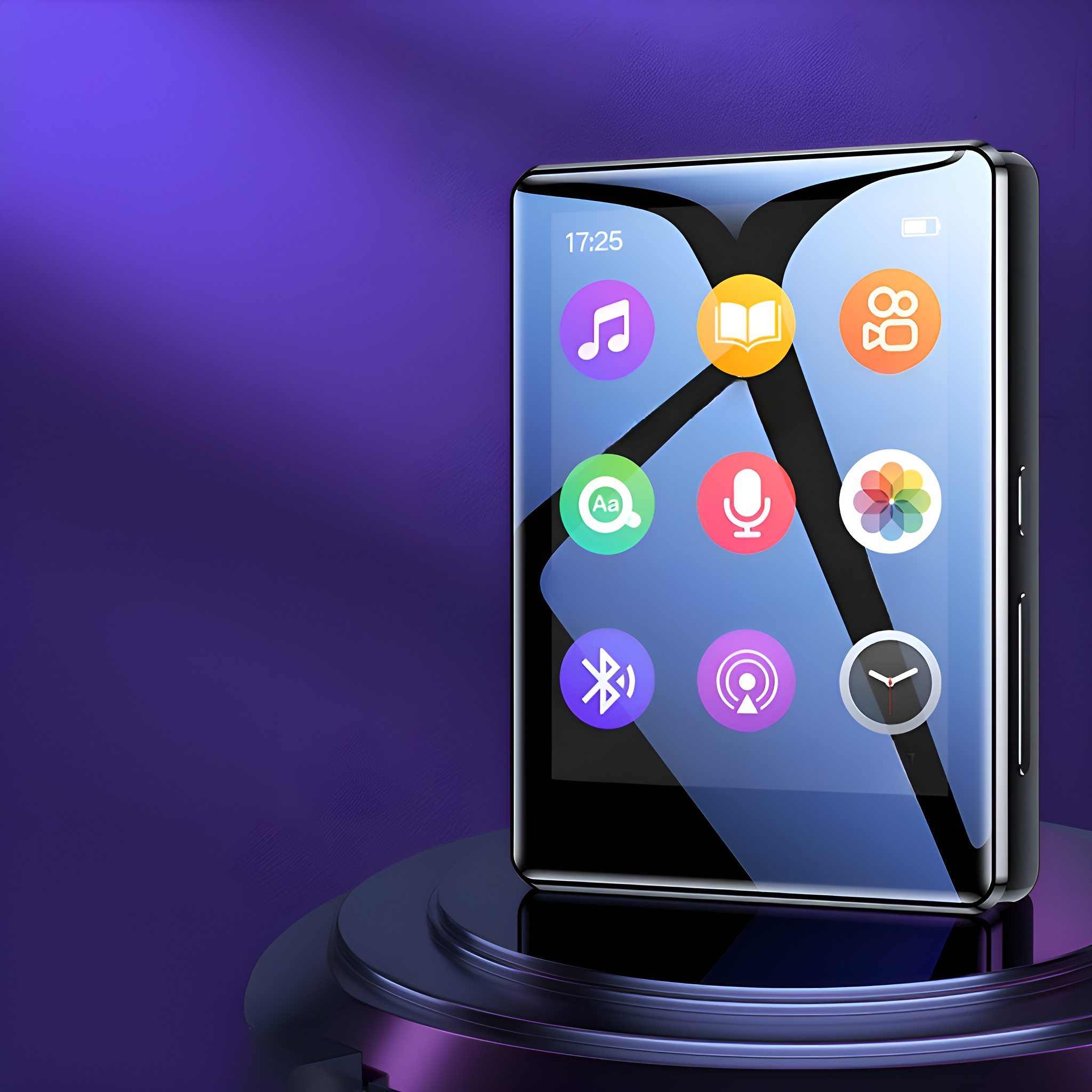 Ein schwarzer MP3-Player mit Bildschirm zeigt Symbole. Auf lila Hintergrund.