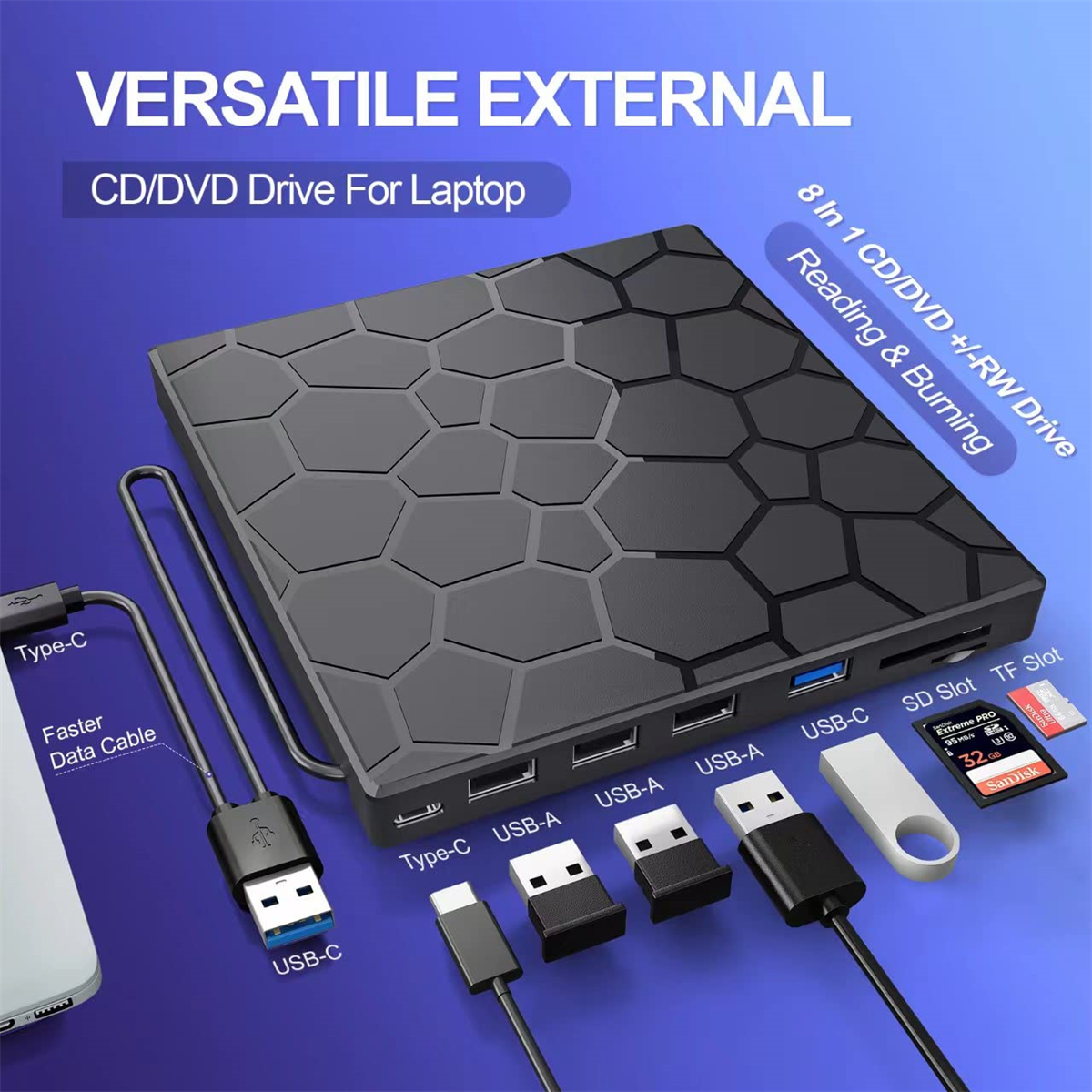 Schwarzes externes CD/DVD-Laufwerk mit USB-Anschlüssen. Kabel und Anschlüsse sichtbar.