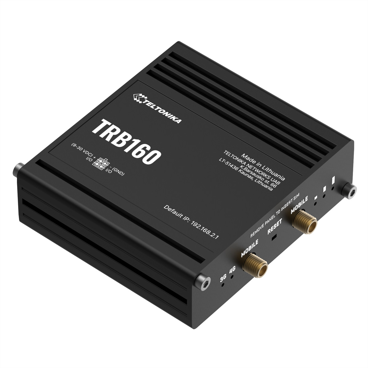 Zwart TRB160-apparaat met poorten en labels, schuine weergave, op een wit oppervlak.