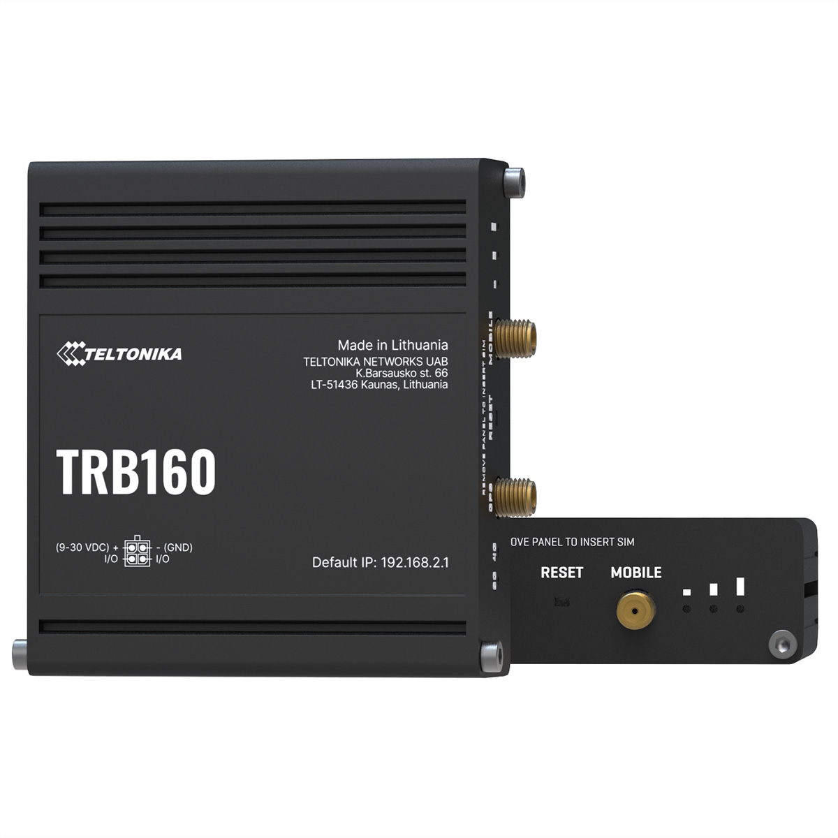 Zwarte Teltonika TRB160 router met twee antennes en labels.