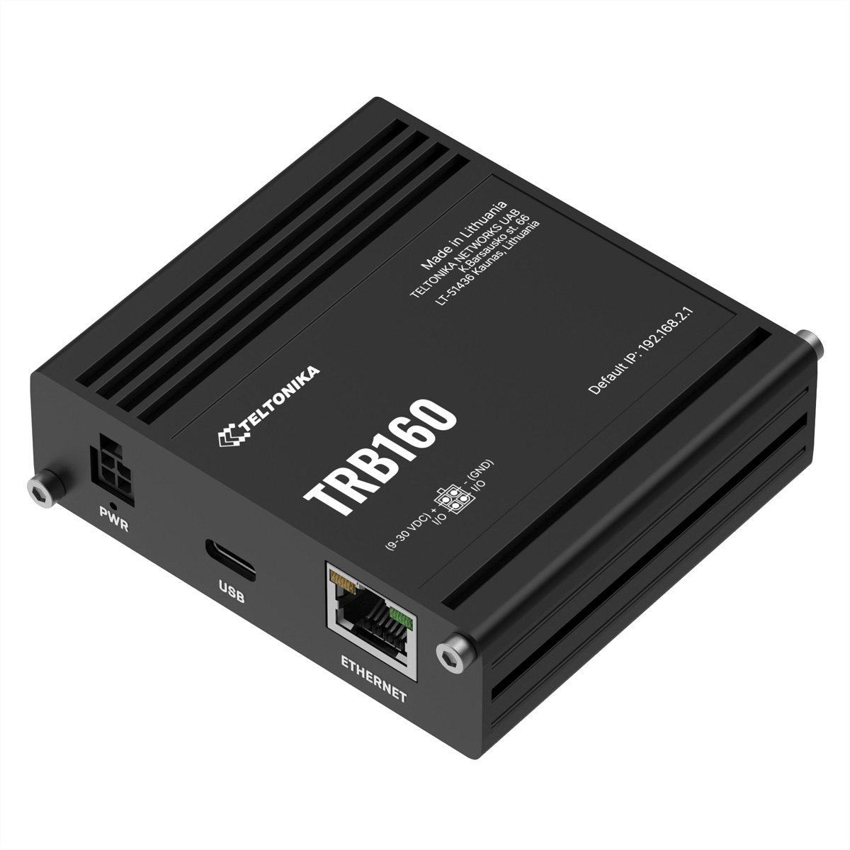 Zwarte TRB160 router. Heeft Ethernet- en USB-poorten. De bovenkant heeft ventilatiesleuven. Het merk is Teltonika.
