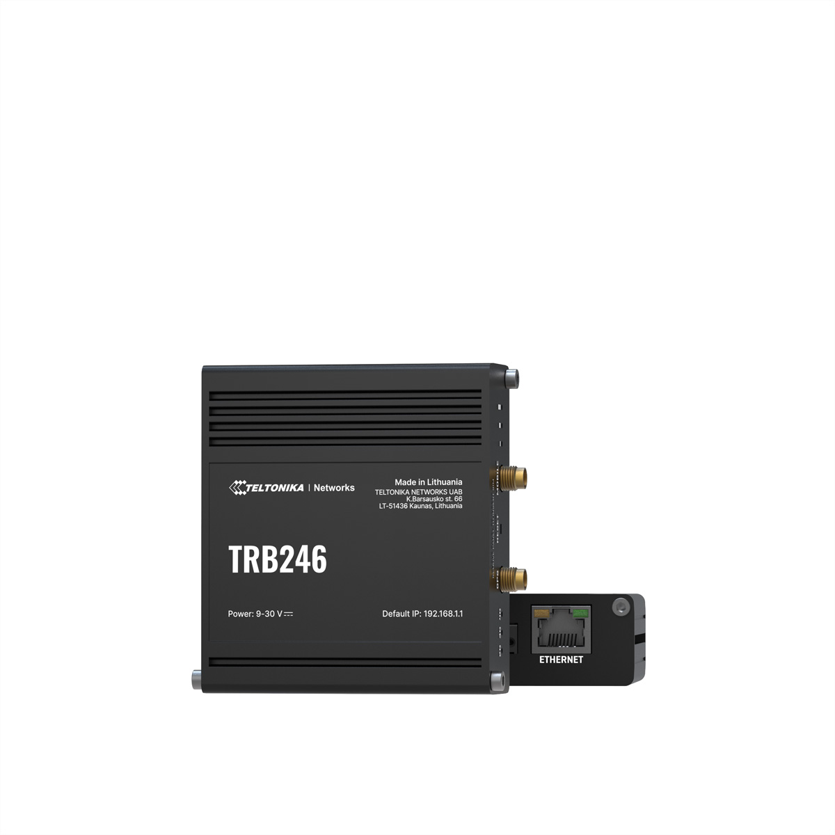 Black Teltonika TRB246 device. It has antennas and an Ethernet port. White background.
