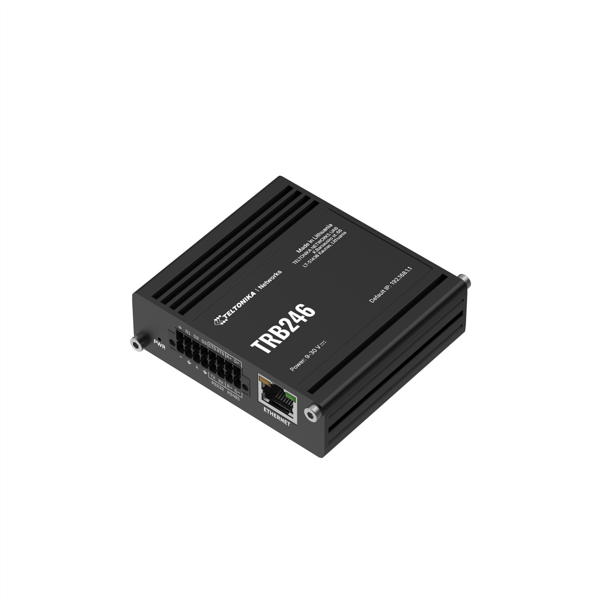 A black Teltonika TRB246 router. It has a few ports and a label. White background.
