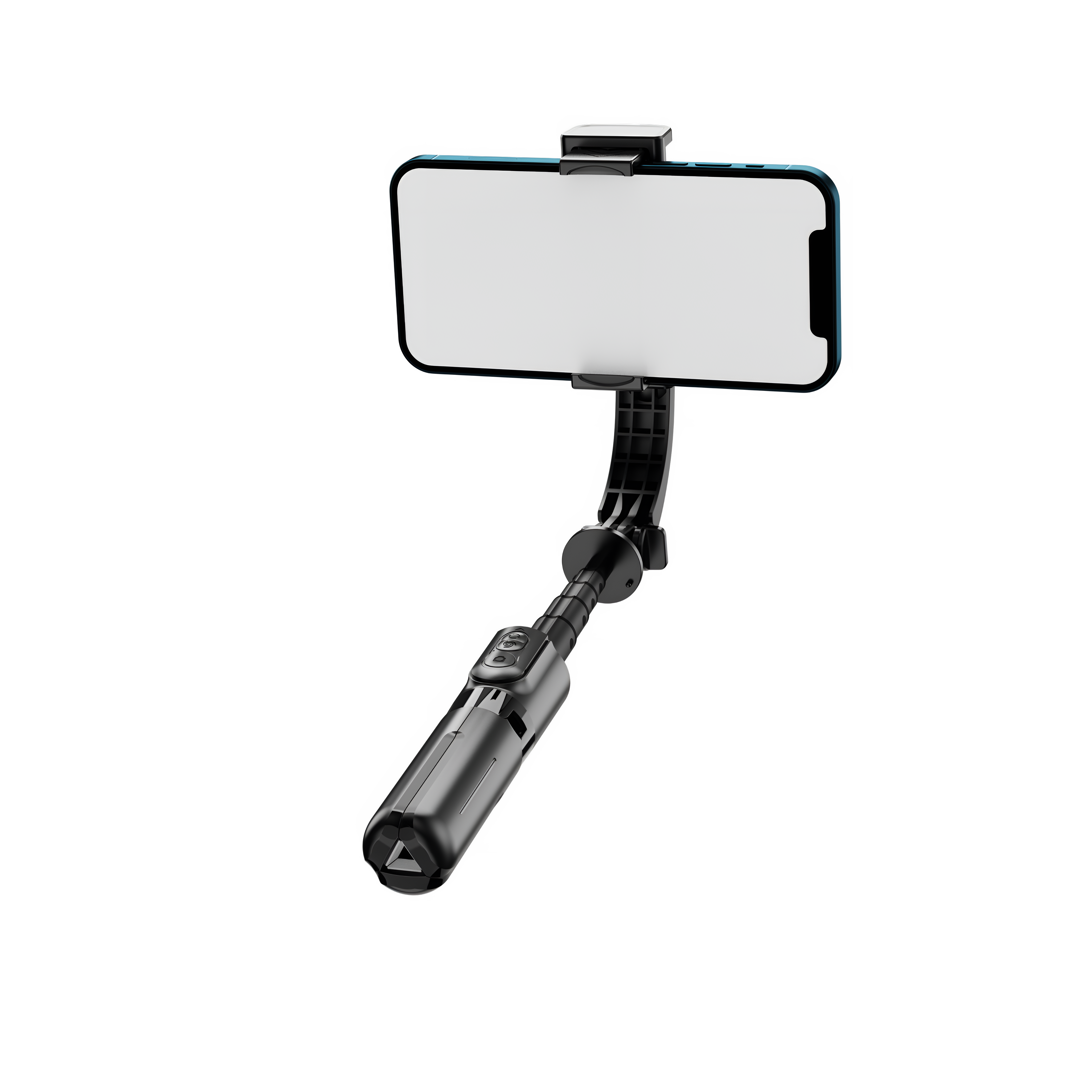 Schwarzer Selfie-Stick, der ein Telefon hält. Schwarzer Hintergrund.