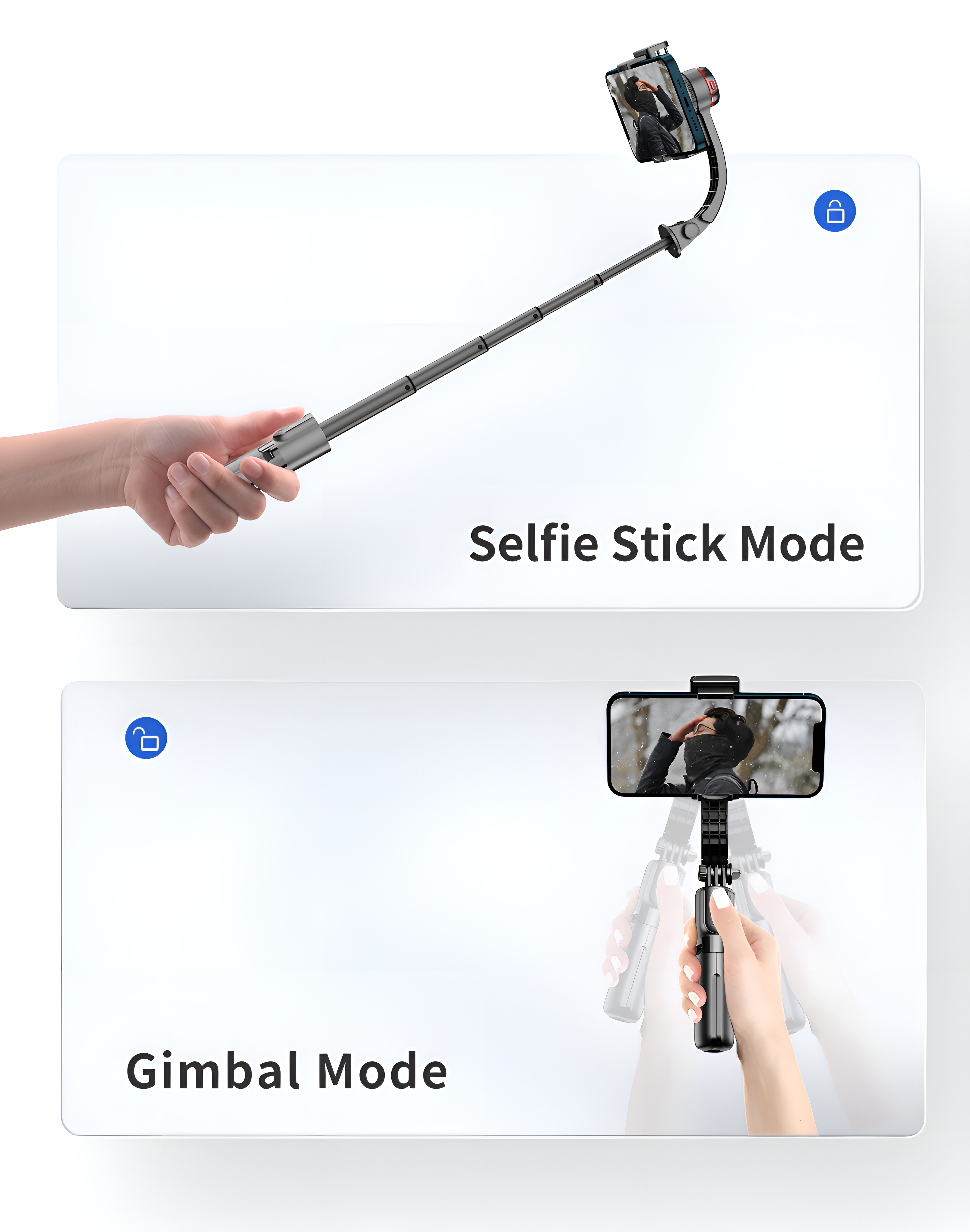 Zwei Bilder zeigen einen Selfie-Stick im Selfie- und Gimbal-Modus, jeweils mit Telefon.