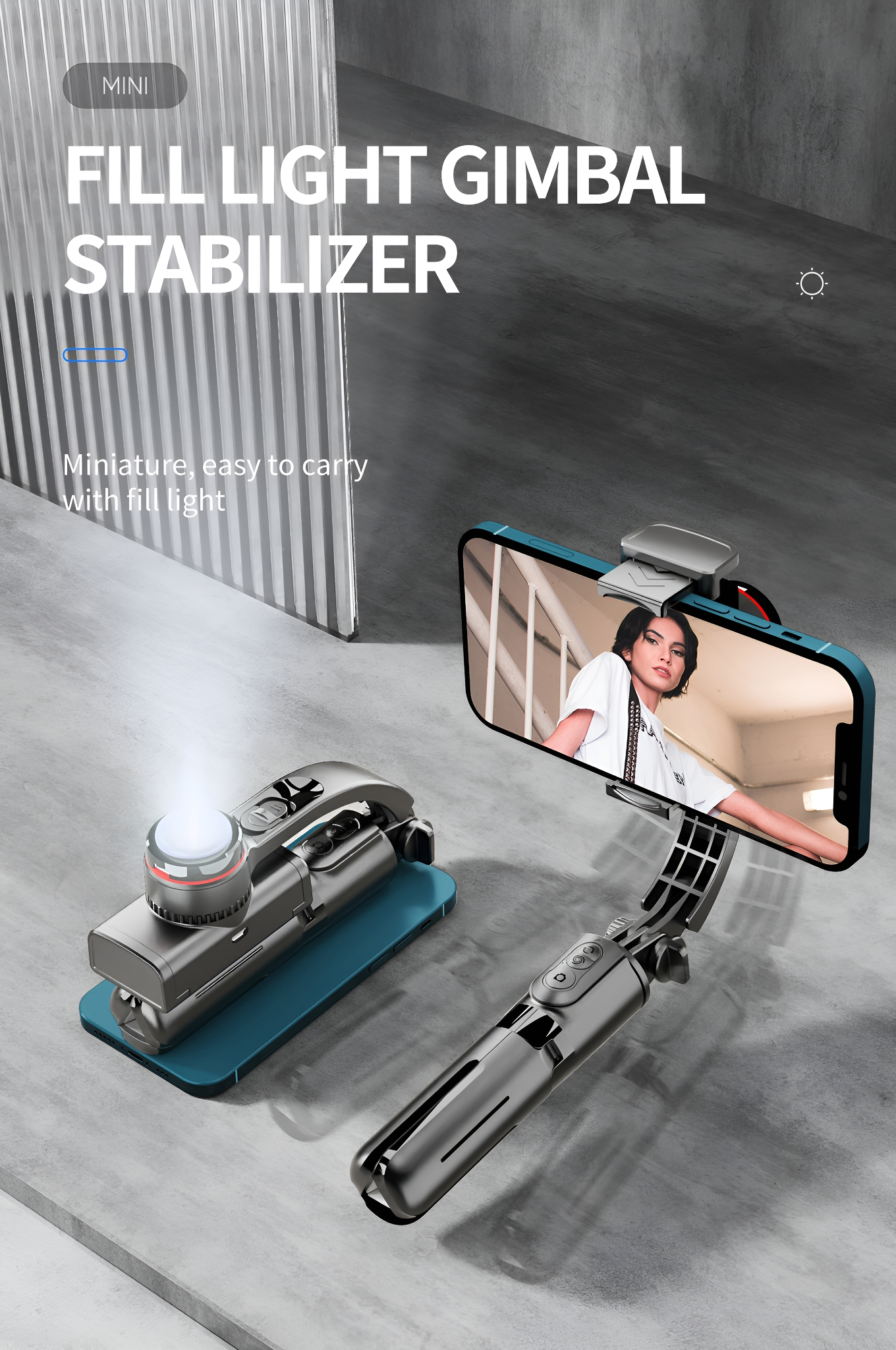 Mini-Gimbal-Stabilisator mit Fülllicht. Eine Person filmt mit einem Telefon. Das Produkt ist grau und blau.