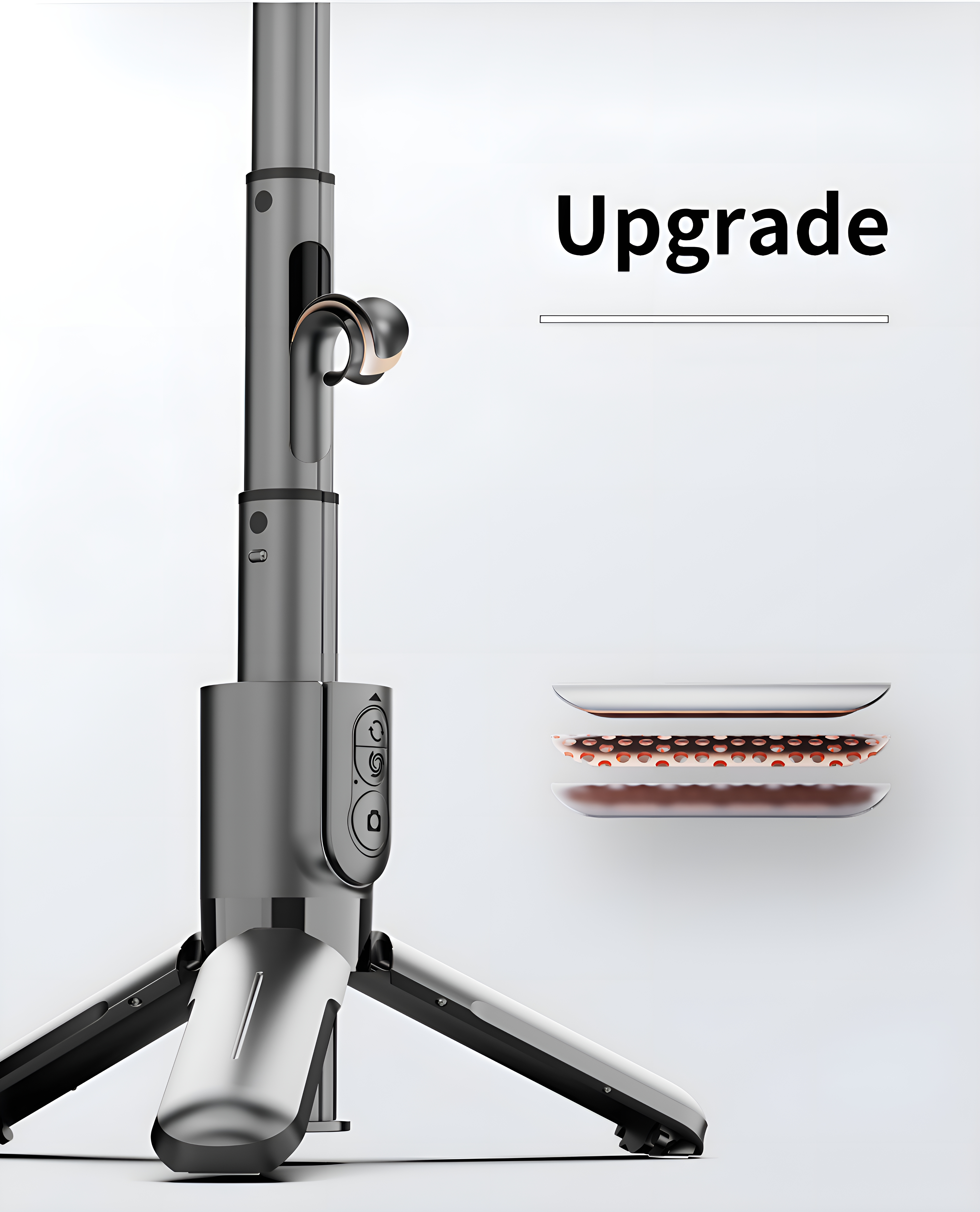 Ein silbernes Stativ mit Telefonhalter, darüber das Wort 'Upgrade'.
